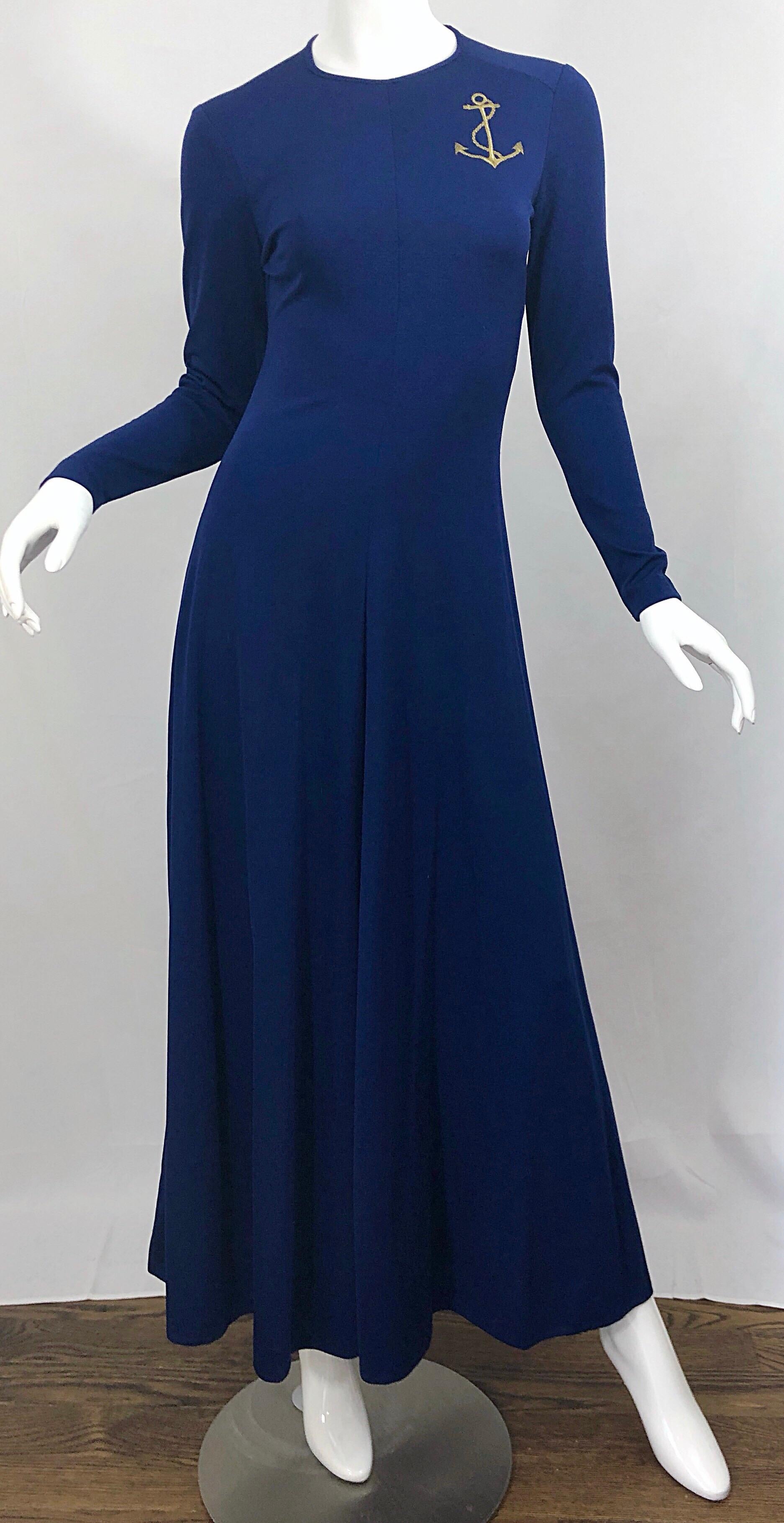 Women's Amazing 1970s Nautical Navy Blue + Gold Anchor Patch Vintage Jersey maxi Dress For Sale