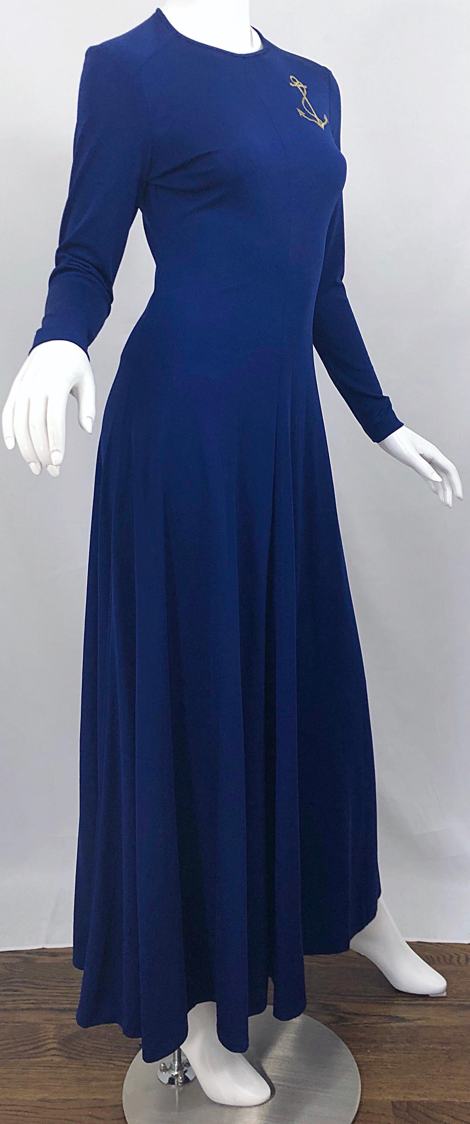 Amazing 1970s Nautical Navy Blue + Gold Anchor Patch Vintage Jersey maxi Dress For Sale 1