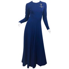 Amazing 1970s Nautical Navy Blue + Gold Anchor Patch Vintage Jersey maxi Dress