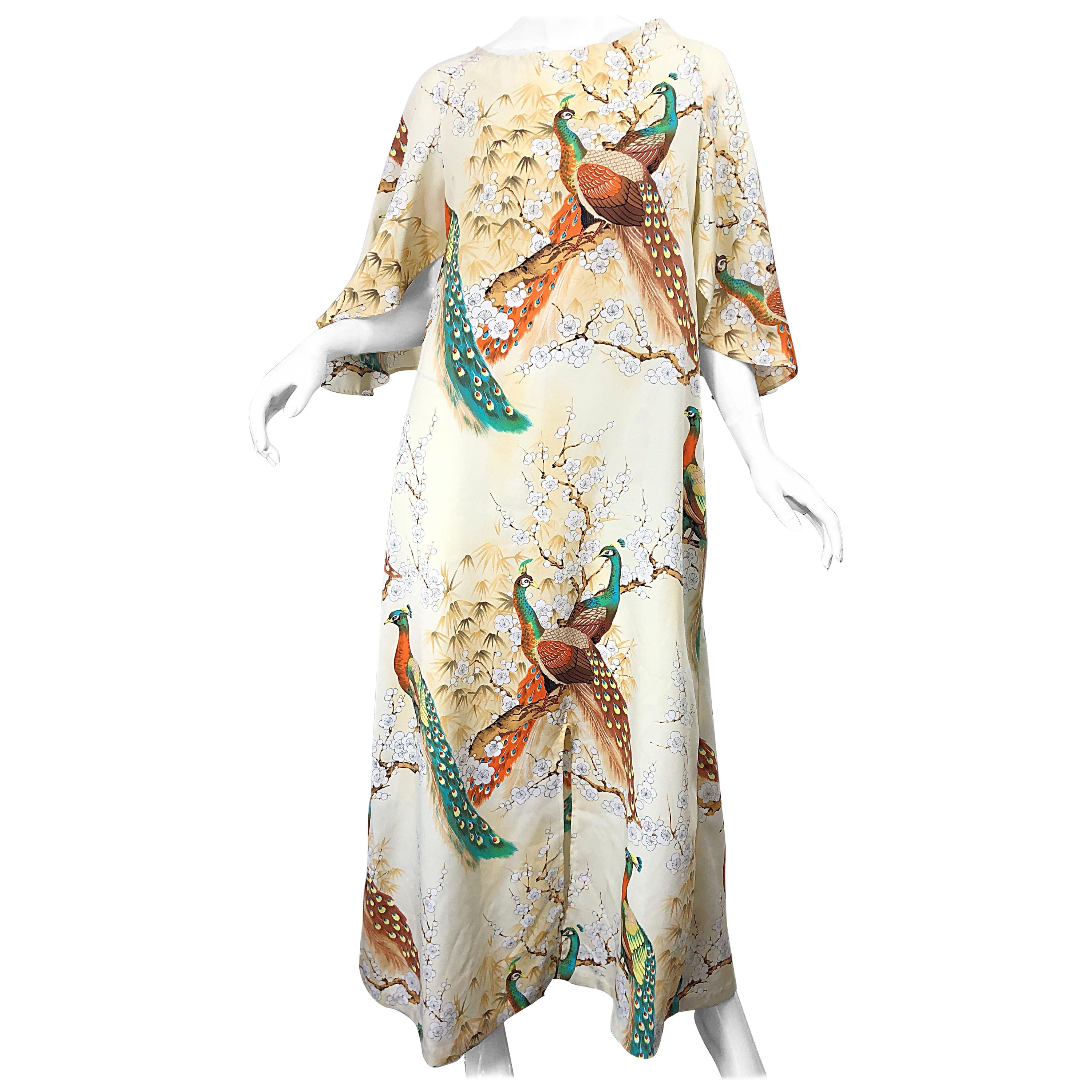 Amazing 1970s Peacock Novelty Print Winged Sleeve Vintage 70s Caftan Maxi Dress