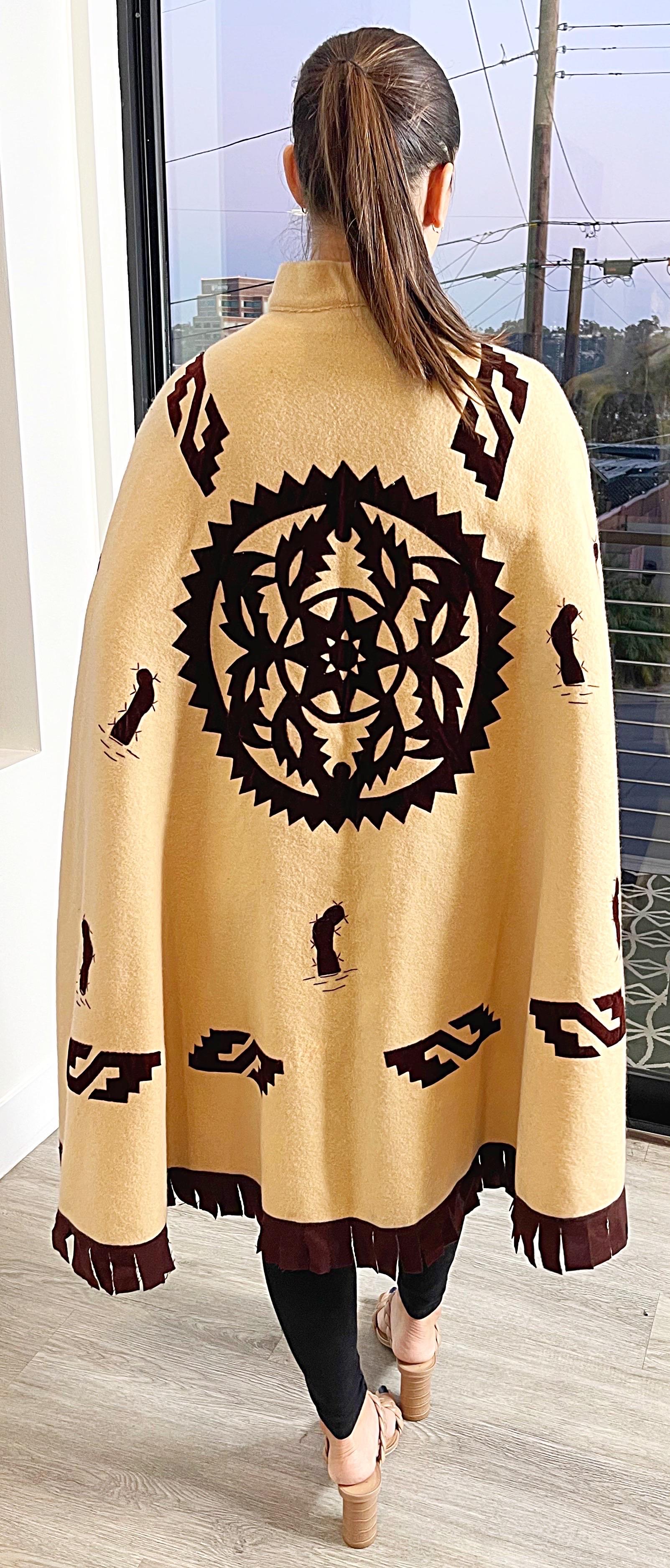 Beige Amazing 1970s Plumita Mexican Cactus Themed Wool Velvet Tan Brown 70s Cape For Sale