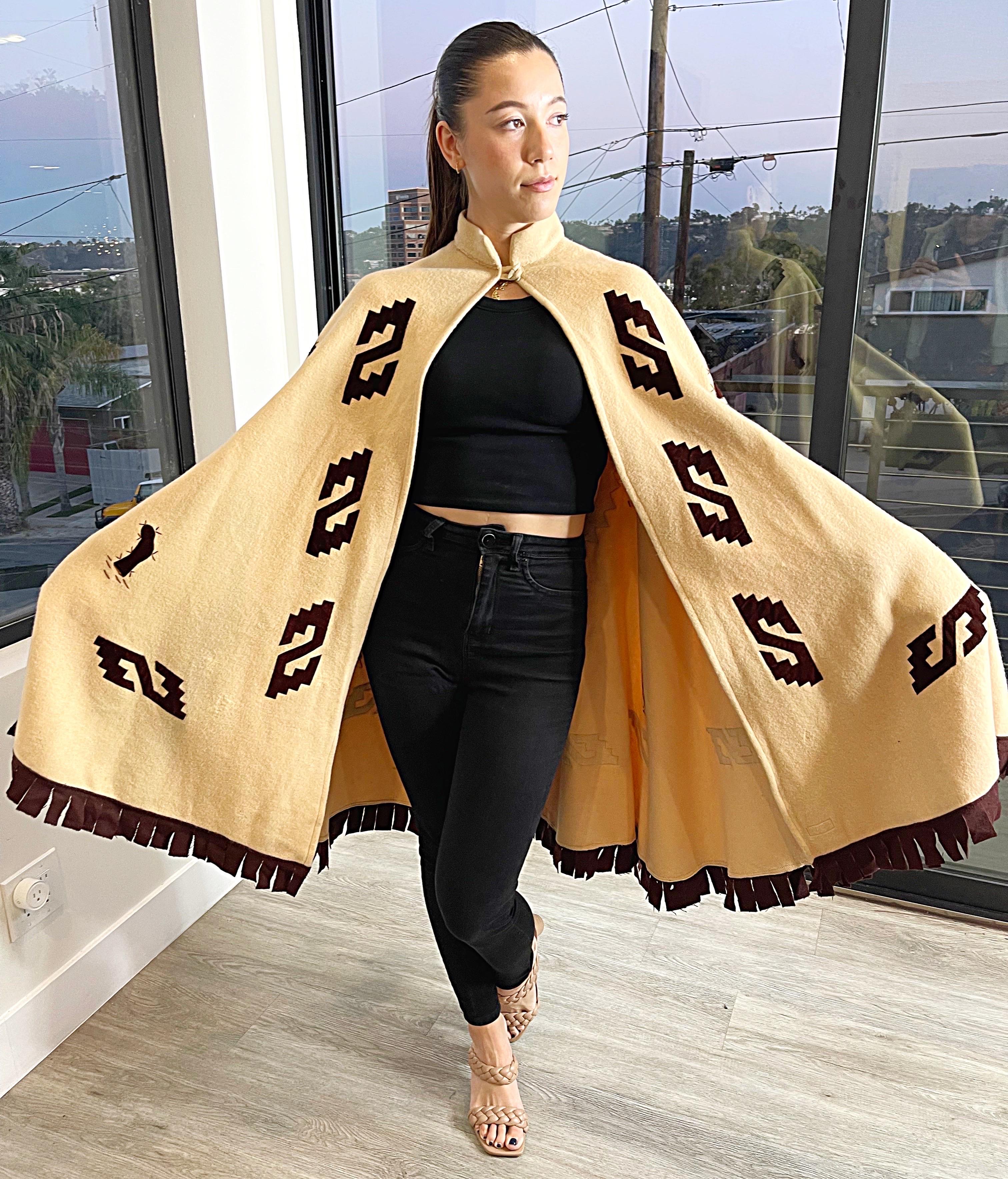 Women's or Men's Amazing 1970s Plumita Mexican Cactus Themed Wool Velvet Tan Brown 70s Cape  For Sale