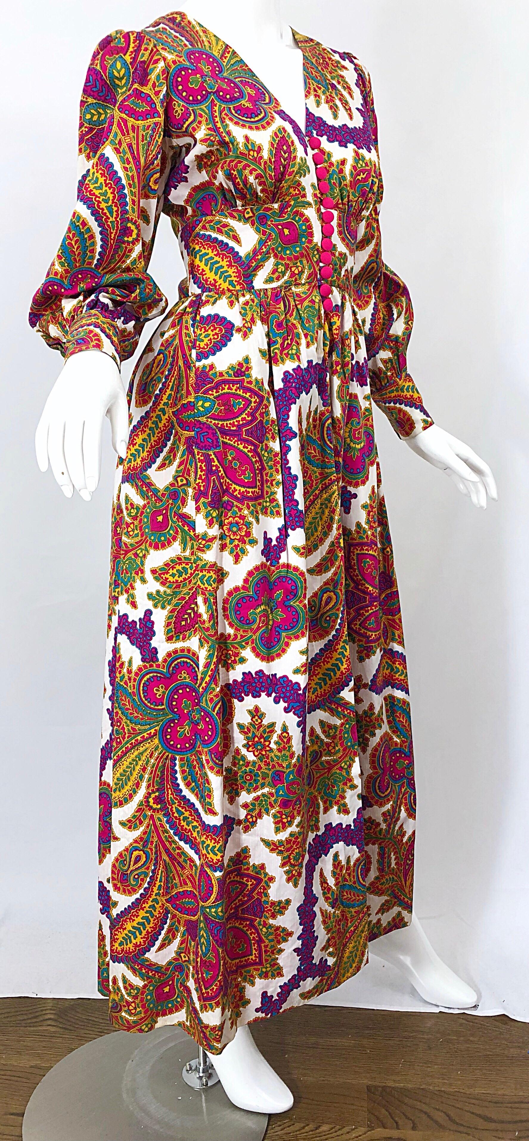 Brown Amazing 1970s Regal Paisley Boho Chic Colorful Vintage 70s Silk Gown Maxi Dress