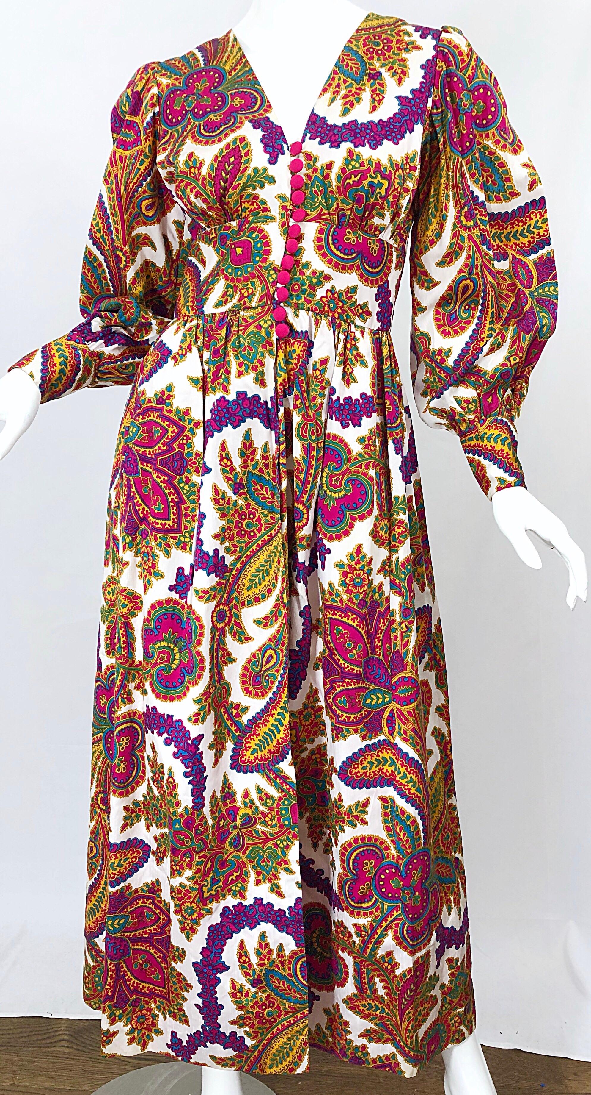 Amazing 1970s Regal Paisley Boho Chic Colorful Vintage 70s Silk Gown Maxi Dress In Excellent Condition In San Diego, CA