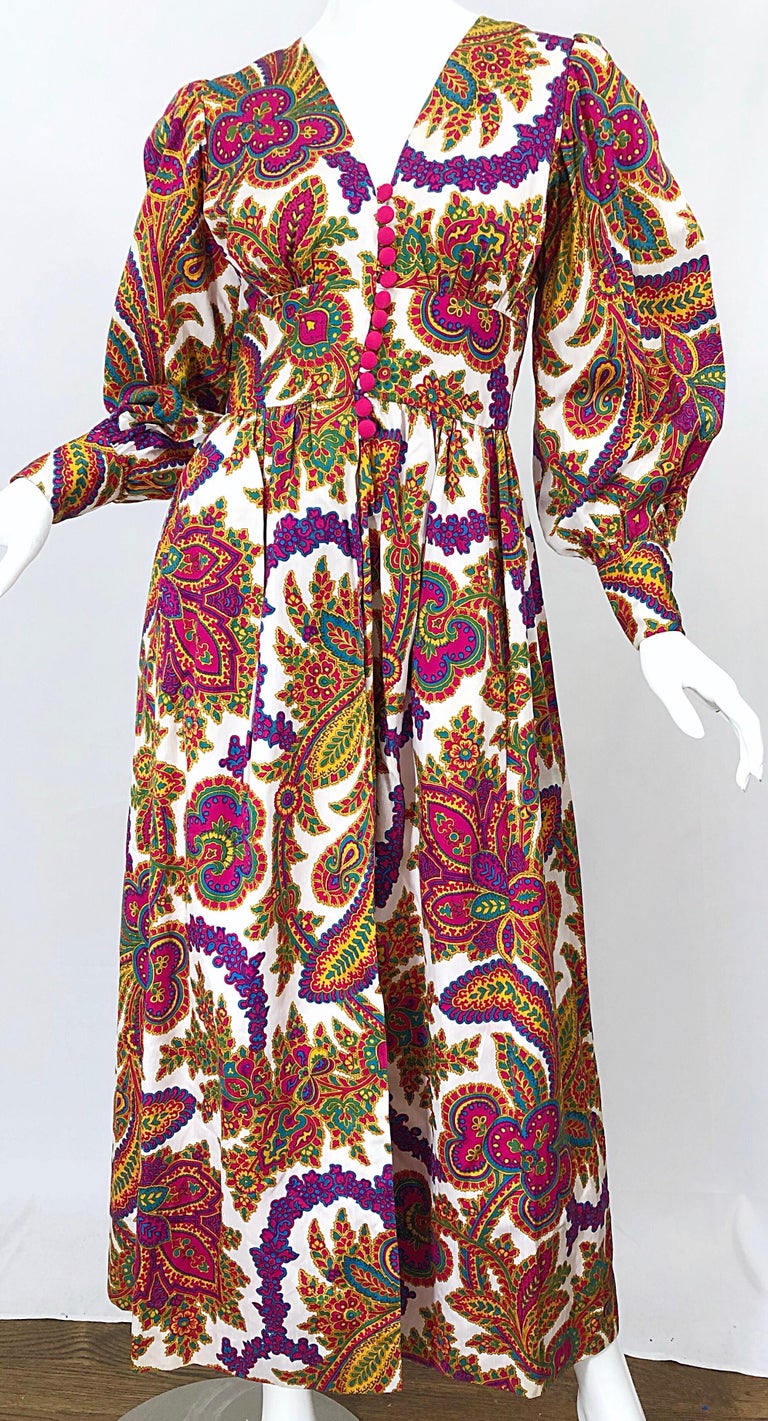 Amazing 1970s Regal Paisley Boho Chic Colorful Vintage 70s Silk Gown ...