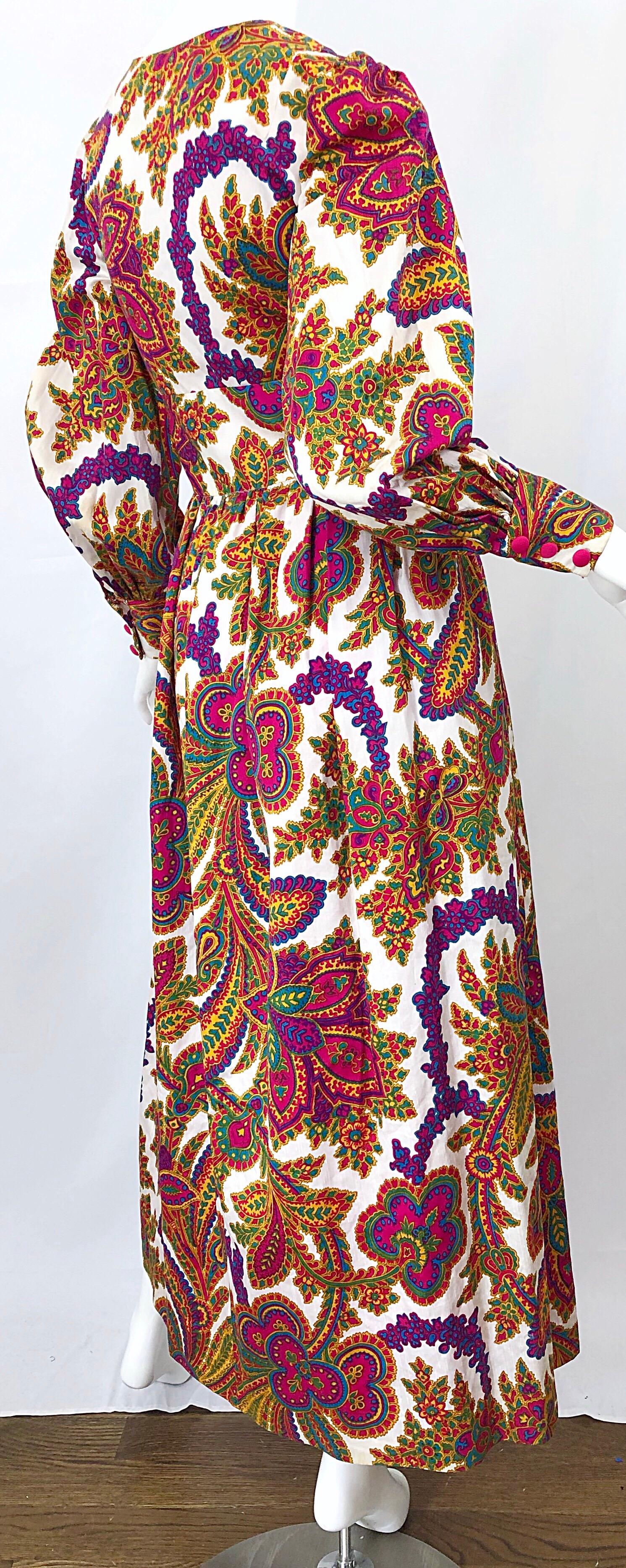 Women's Amazing 1970s Regal Paisley Boho Chic Colorful Vintage 70s Silk Gown Maxi Dress