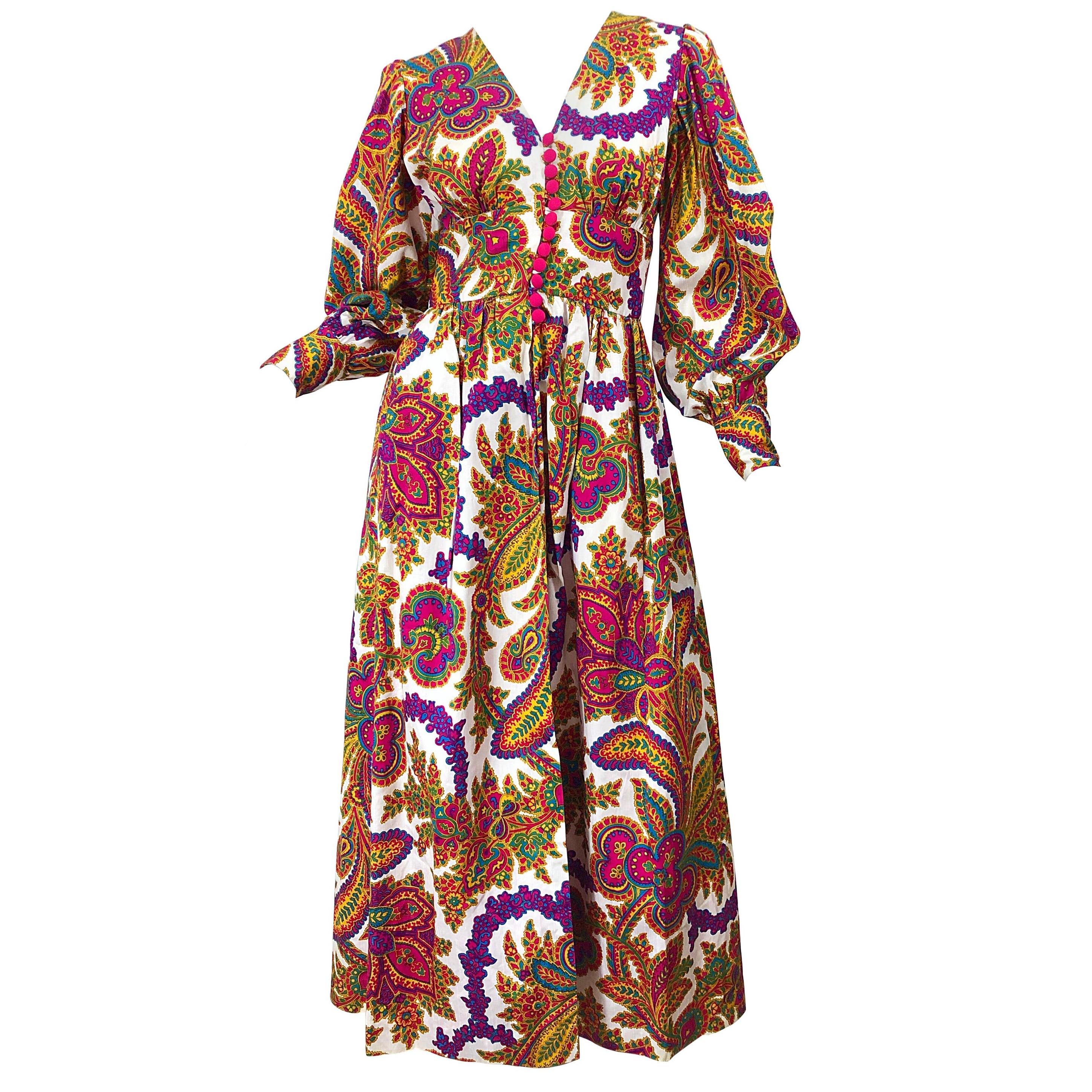 Amazing 1970s Regal Paisley Boho Chic Colorful Vintage 70s Silk Gown Maxi Dress