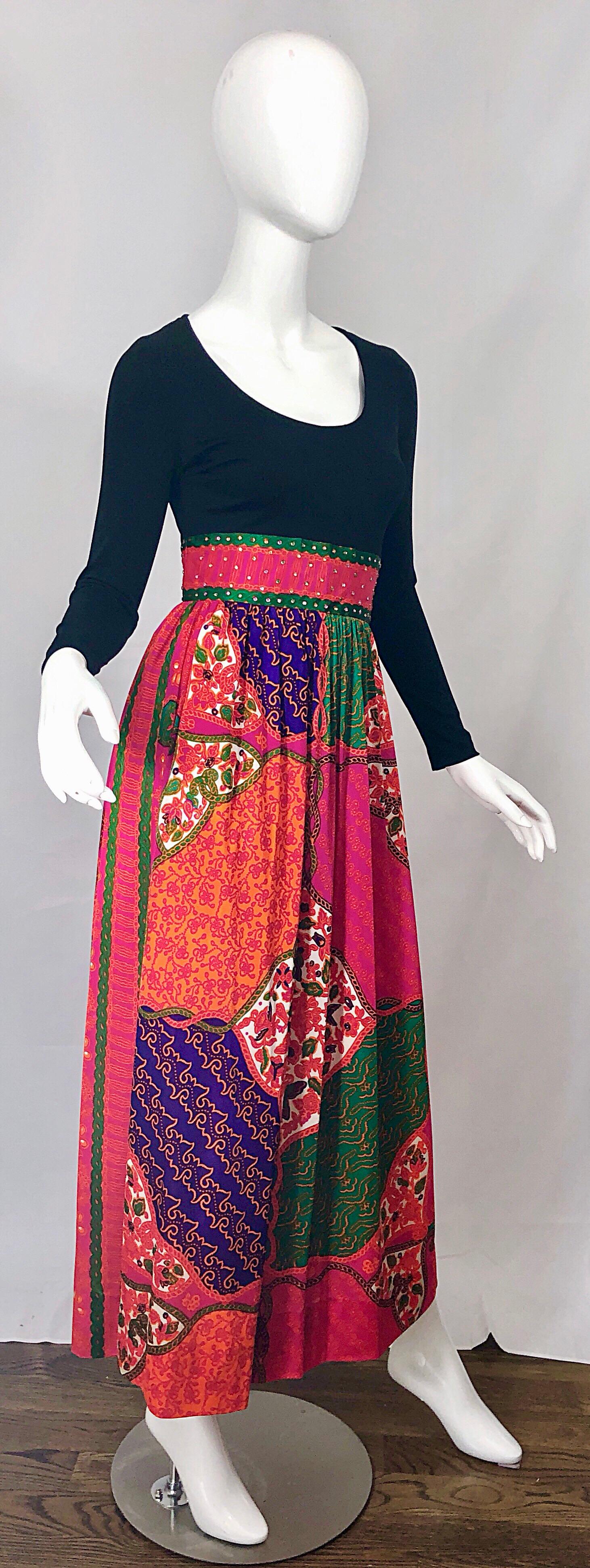 Amazing 1970s Rhinestone Patchwork Print Multicolor Black Jersey 70s Maxi Dress For Sale 6