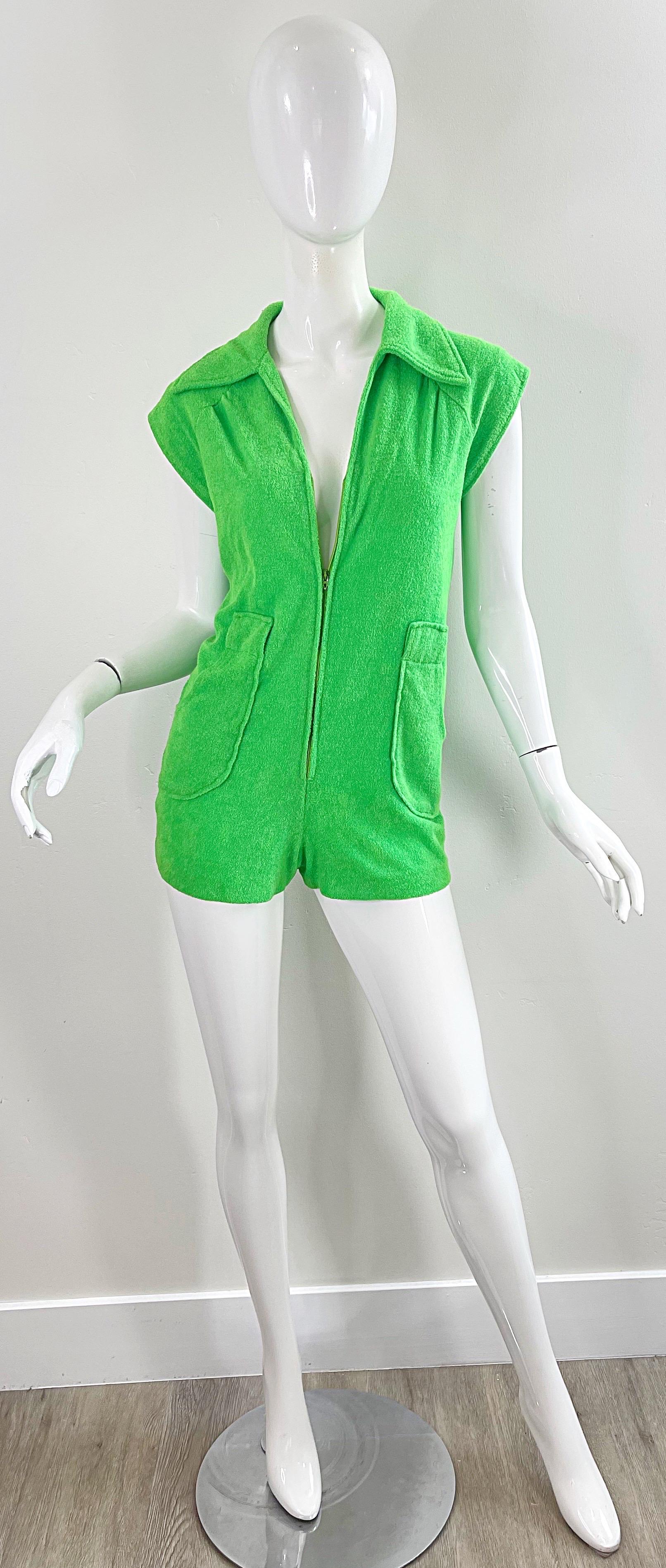 Amazing 1970s Terrycloth Neon Green Romper Vintage 70s Shorts Jumpsuit For Sale 4