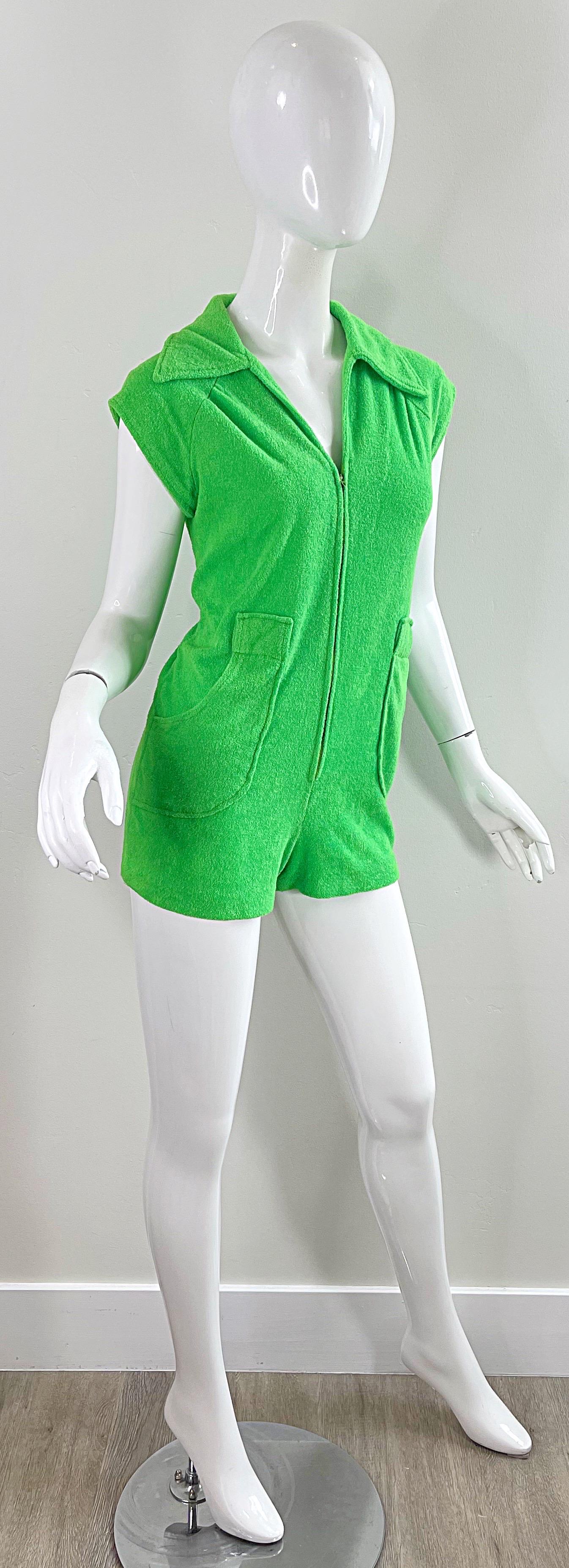 Amazing 1970s Terrycloth Neon Green Romper Vintage 70s Shorts Jumpsuit For Sale 5
