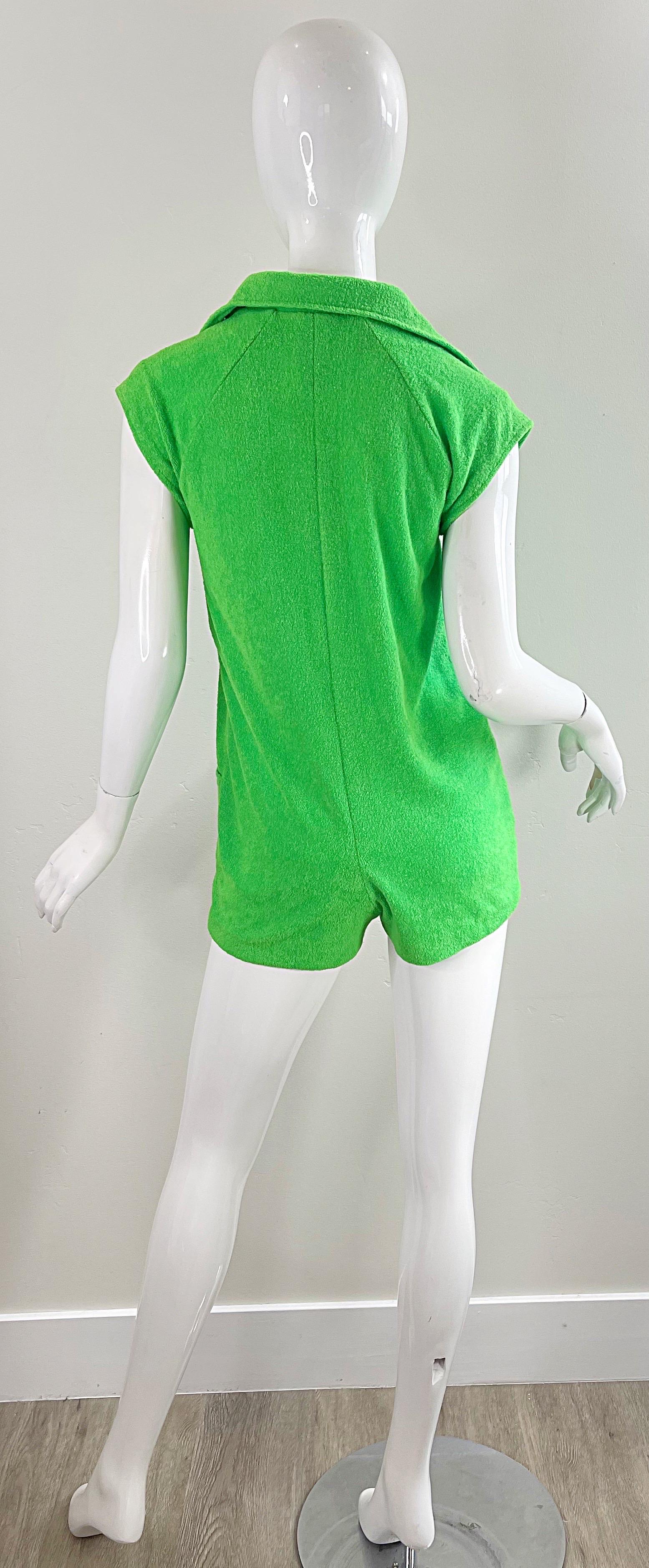 Amazing 1970s Terrycloth Neon Green Romper Vintage 70s Shorts Jumpsuit For Sale 6