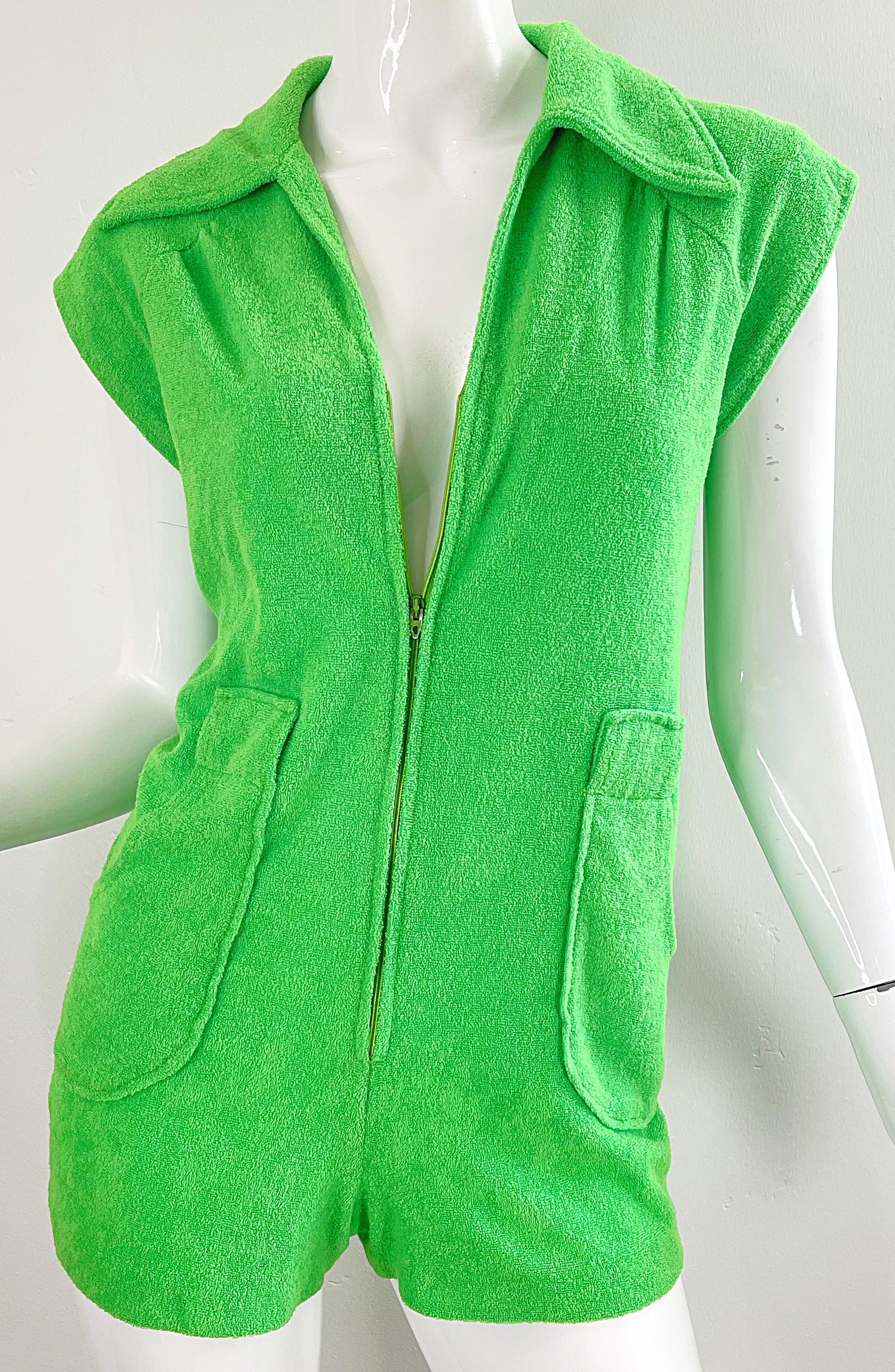 Amazing 1970s Terrycloth Neon Green Romper Vintage 70s Shorts Jumpsuit For Sale 7
