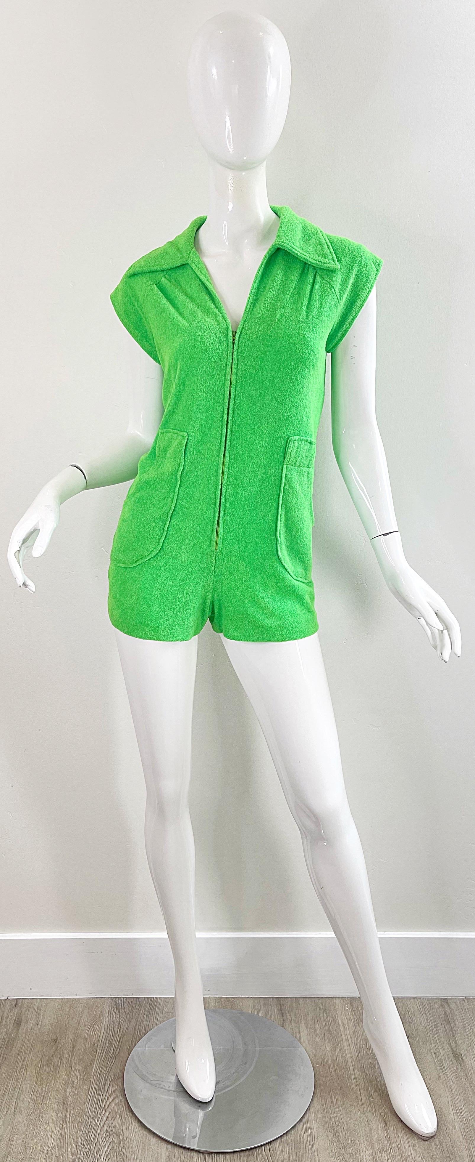Amazing 1970s Terrycloth Neon Green Romper Vintage 70s Shorts Jumpsuit For Sale 9