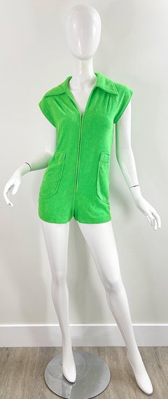 Amazing 1970s Terrycloth Neon Green Romper Vintage 70s Shorts Jumpsuit