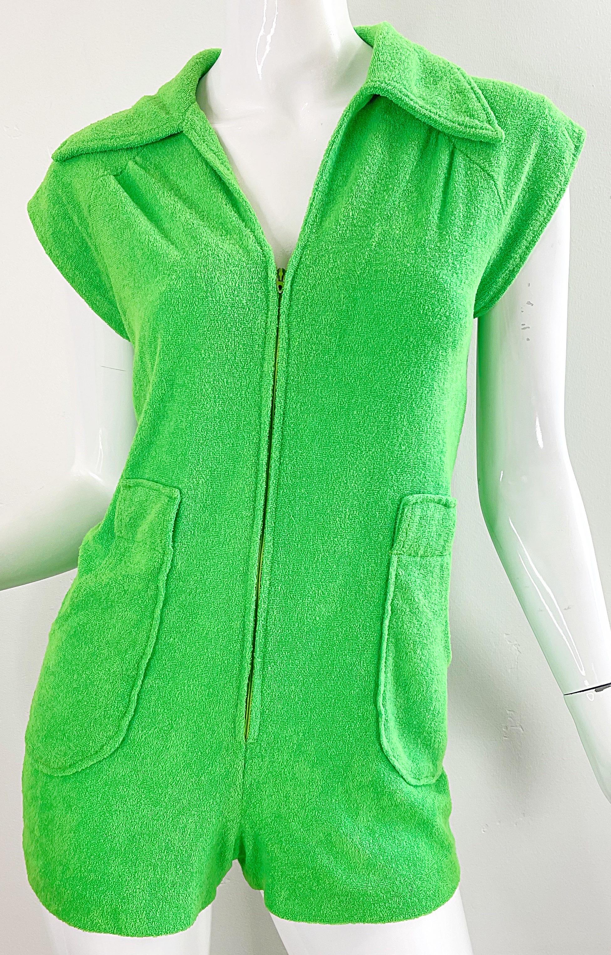Women's Amazing 1970s Terrycloth Neon Green Romper Vintage 70s Shorts Jumpsuit For Sale