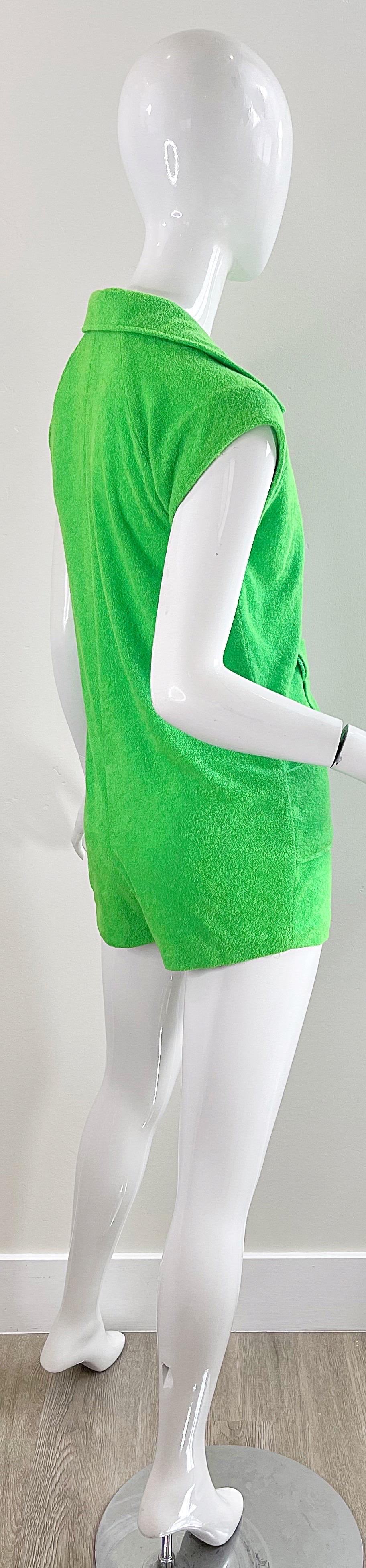 Amazing 1970s Terrycloth Neon Green Romper Vintage 70s Shorts Jumpsuit For Sale 2