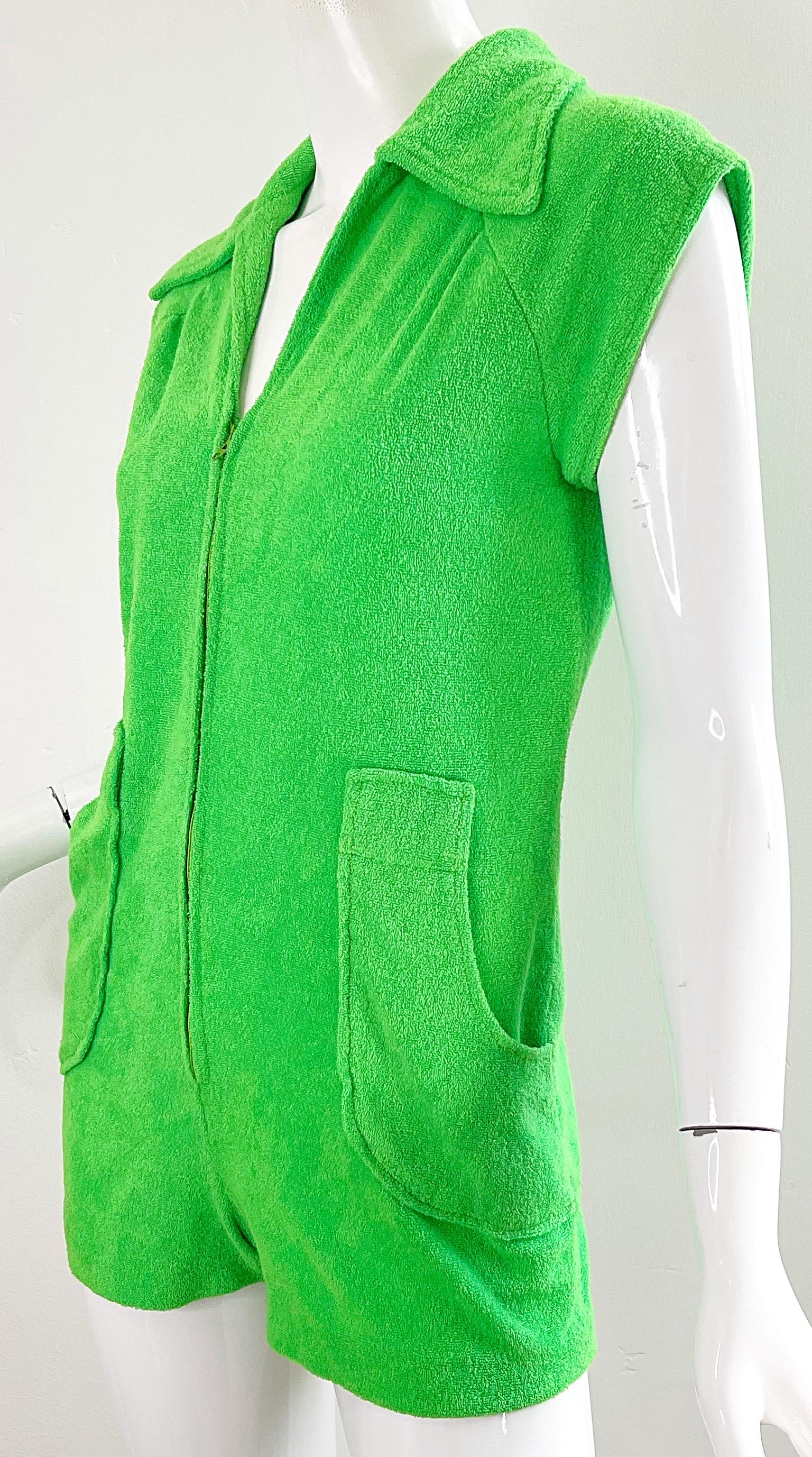 Amazing 1970s Terrycloth Neon Green Romper Vintage 70s Shorts Jumpsuit For Sale 3