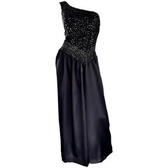 Amazing 1970s Vintage One Shoulder Black Sequin Silk 70s Evening Dress Gown