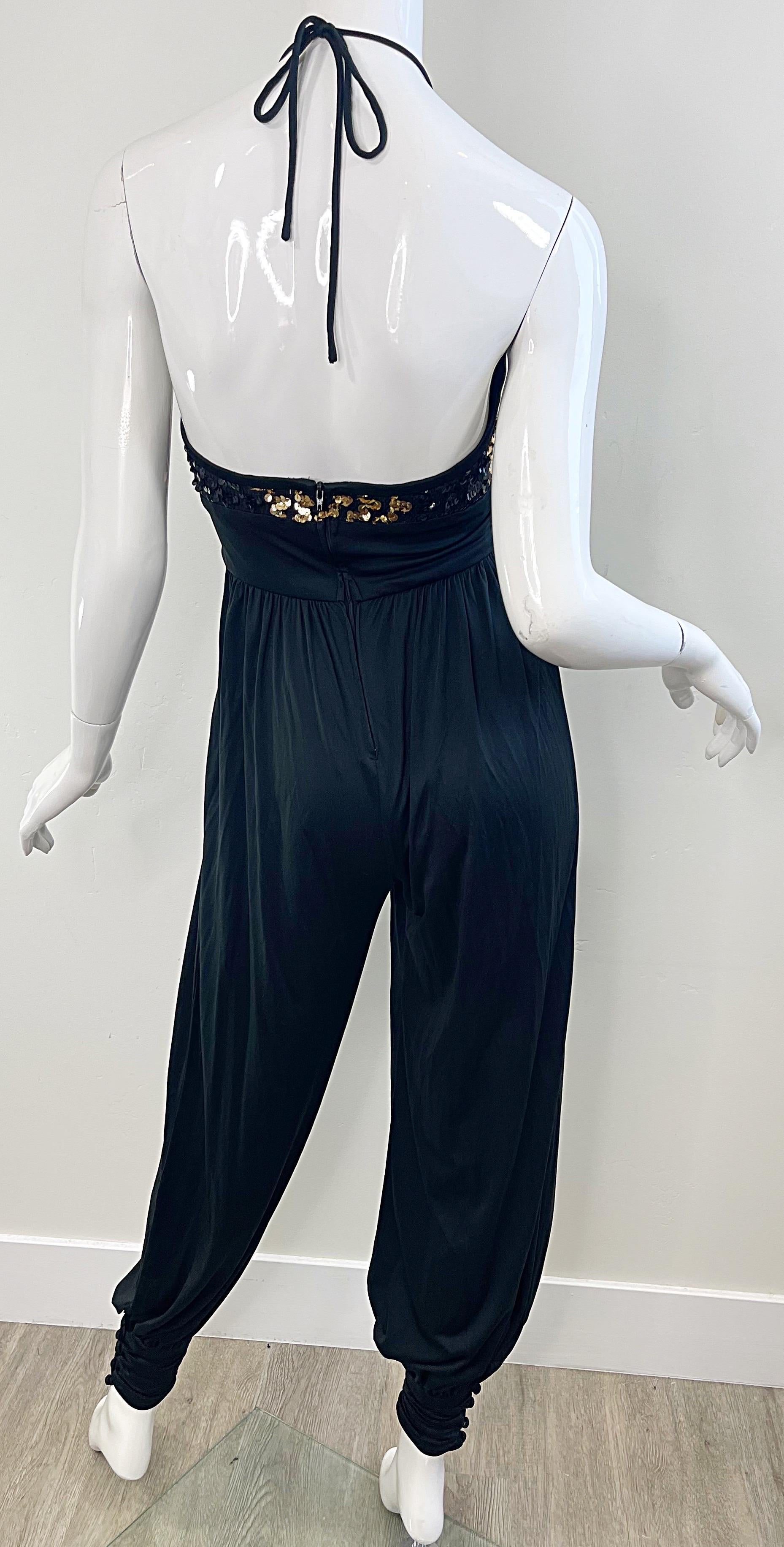 Amazing 1980s Black Gold Sequin XS / Small Vintage 80s Disco Studio 54 Jumpsuit For Sale 6
