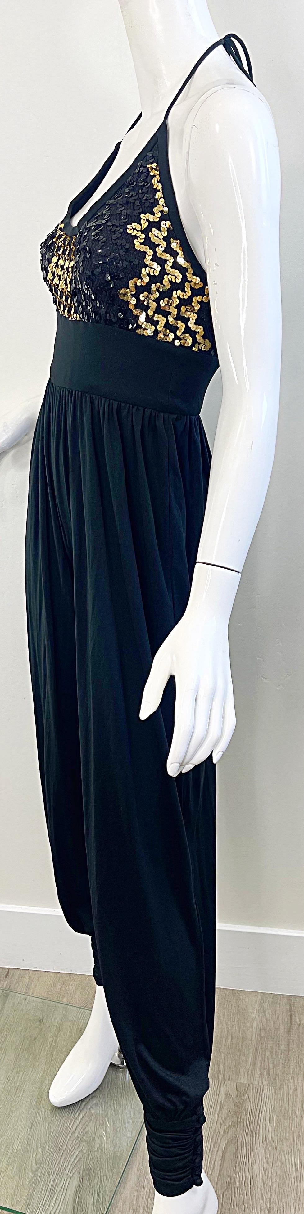 Amazing 1980s Black Gold Sequin XS / Small Vintage 80s Disco Studio 54 Jumpsuit For Sale 7