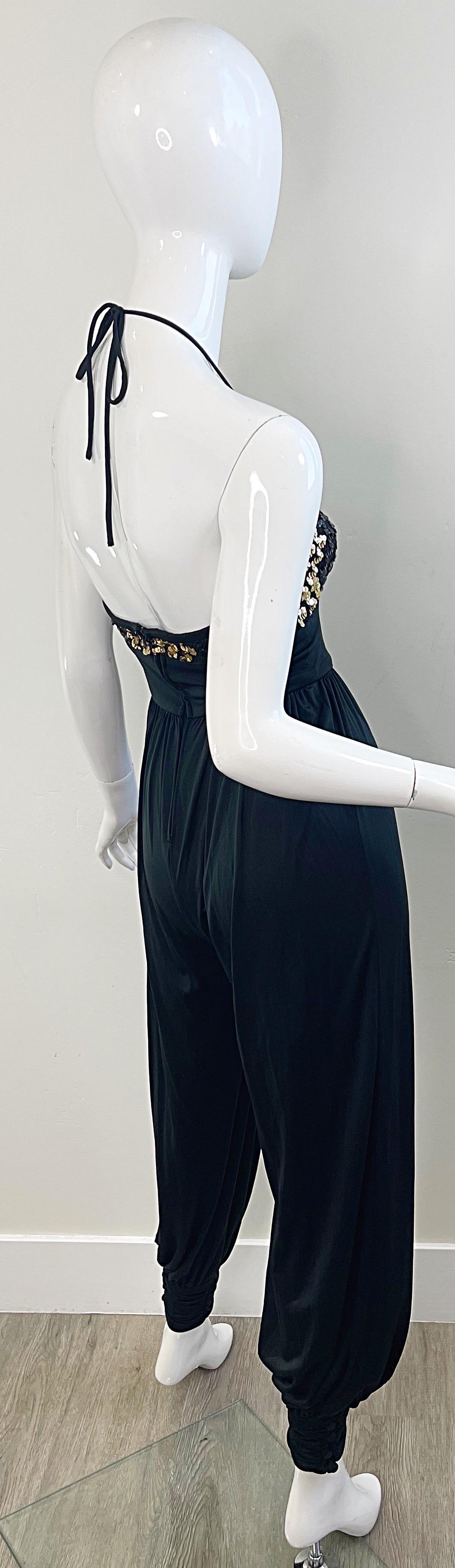 Amazing 1980s Black Gold Sequin XS / Small Vintage 80s Disco Studio 54 Jumpsuit For Sale 8