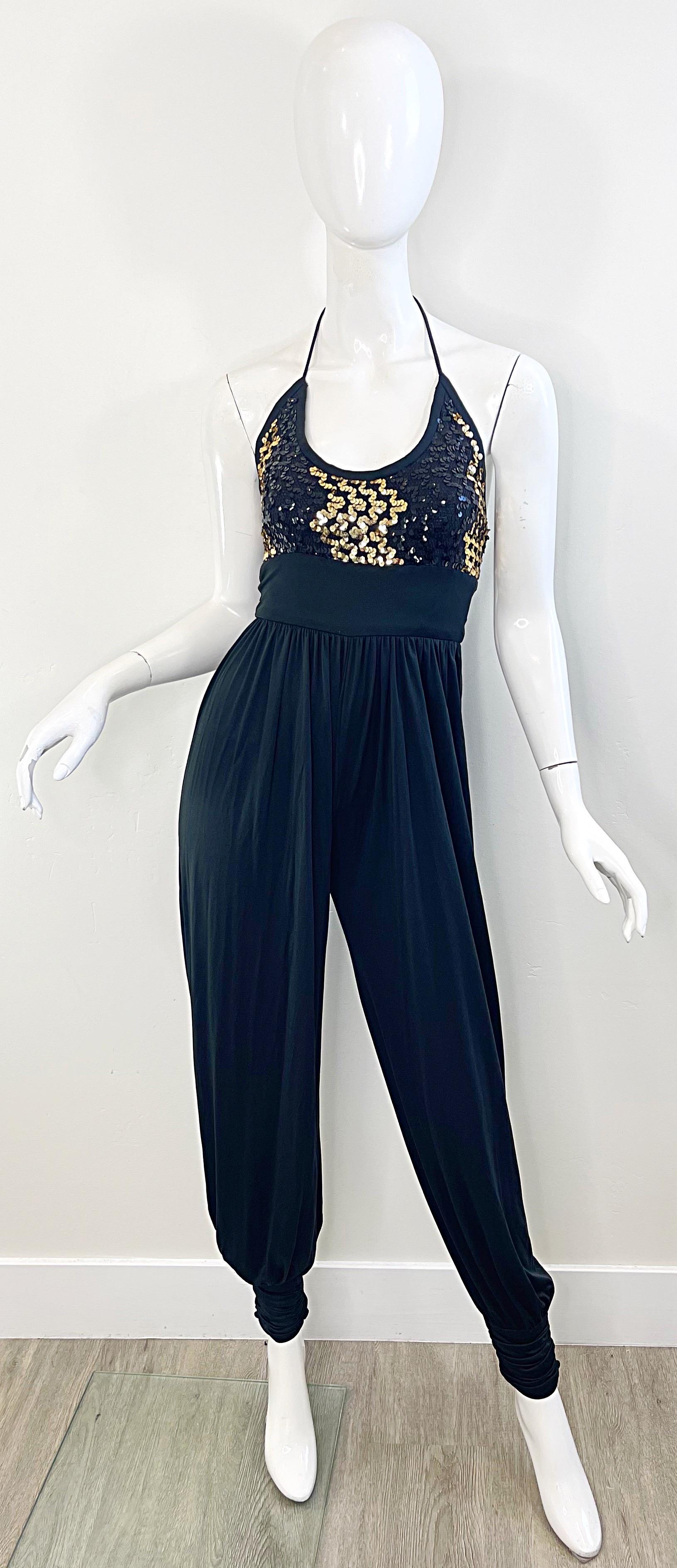 Amazing 1980s Black Gold Sequin XS / Small Vintage 80s Disco Studio 54 Jumpsuit For Sale 9