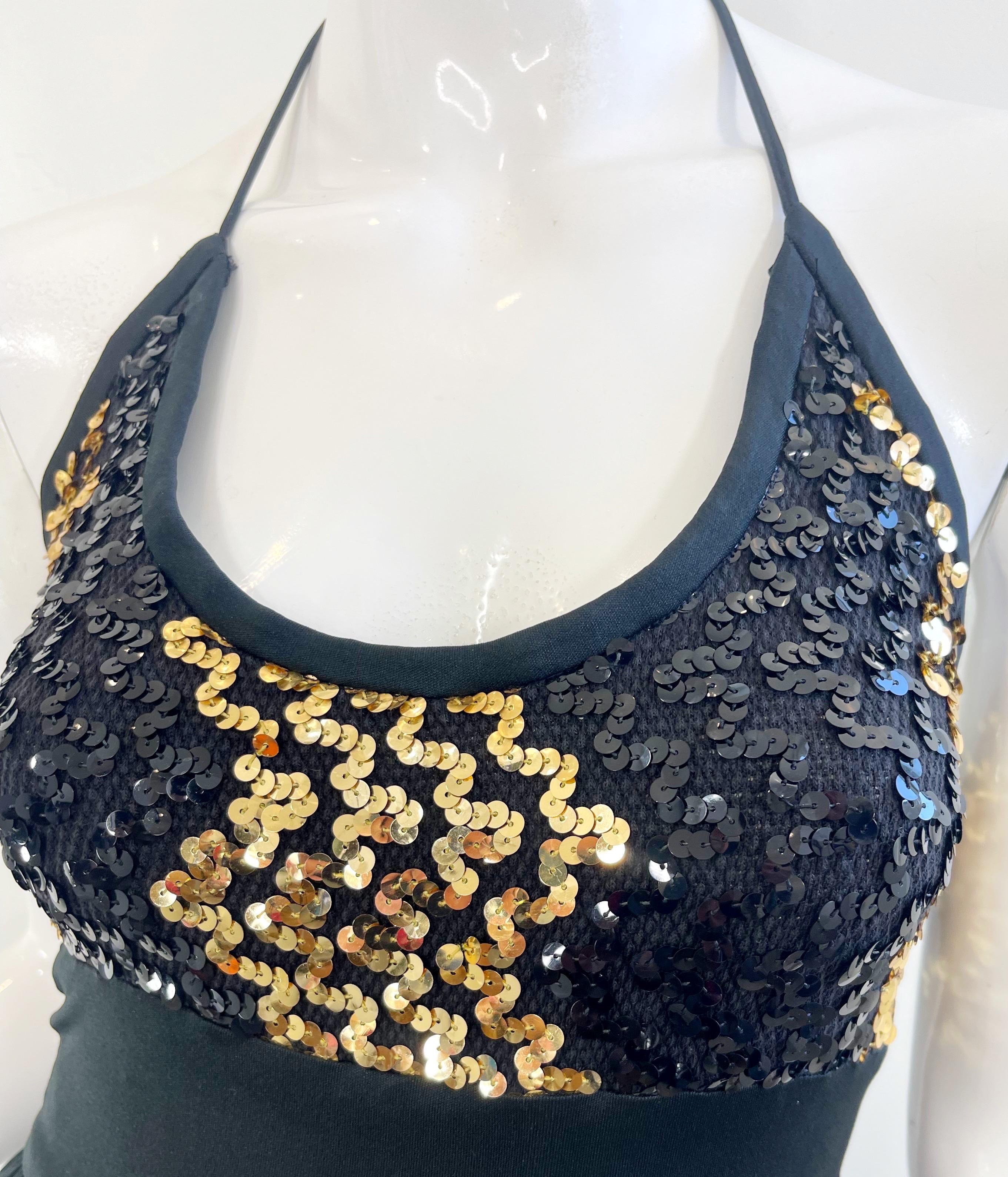 Women's Amazing 1980s Black Gold Sequin XS / Small Vintage 80s Disco Studio 54 Jumpsuit For Sale