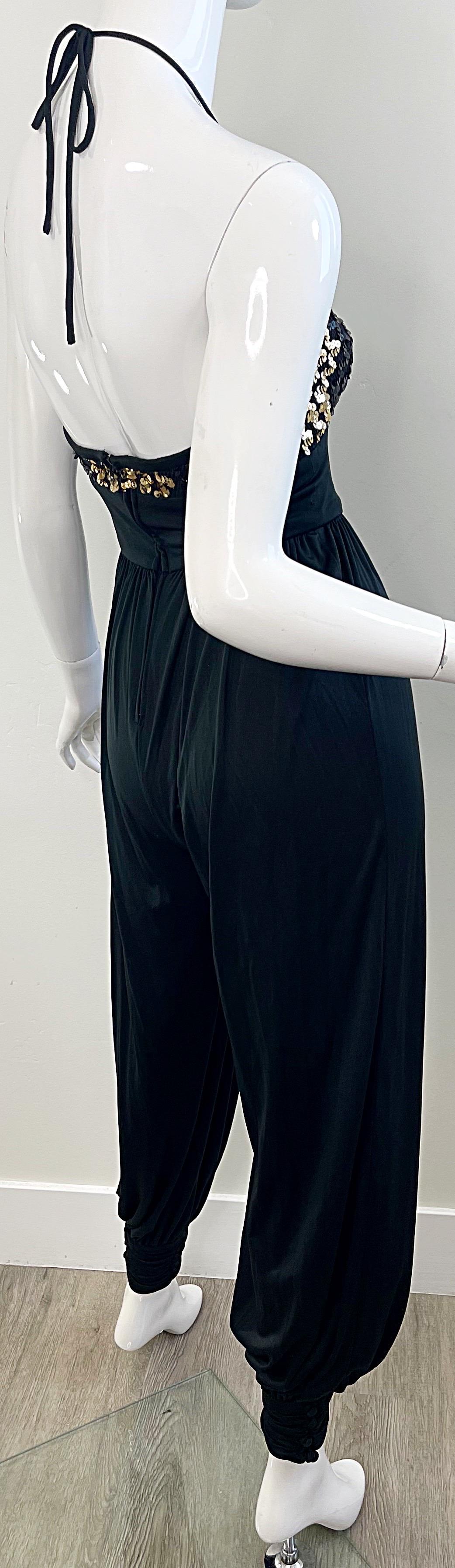 Amazing 1980s Black Gold Sequin XS / Small Vintage 80s Disco Studio 54 Jumpsuit For Sale 3