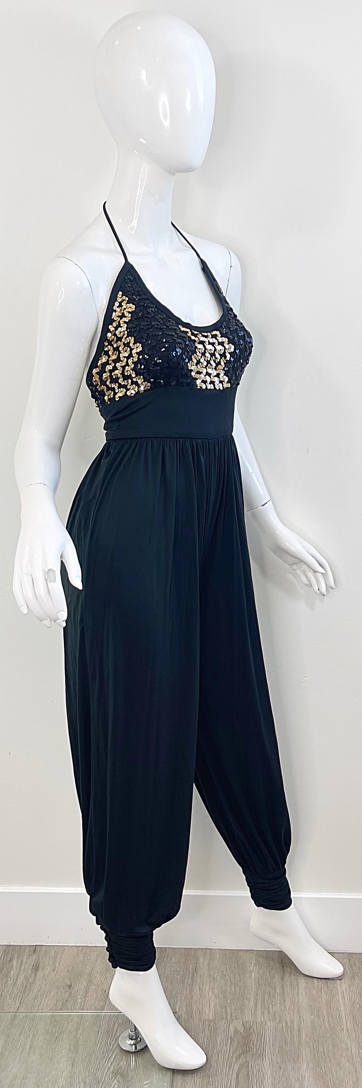 Amazing 1980s Black Gold Sequin XS / Small Vintage 80s Disco Studio 54 Jumpsuit For Sale 4