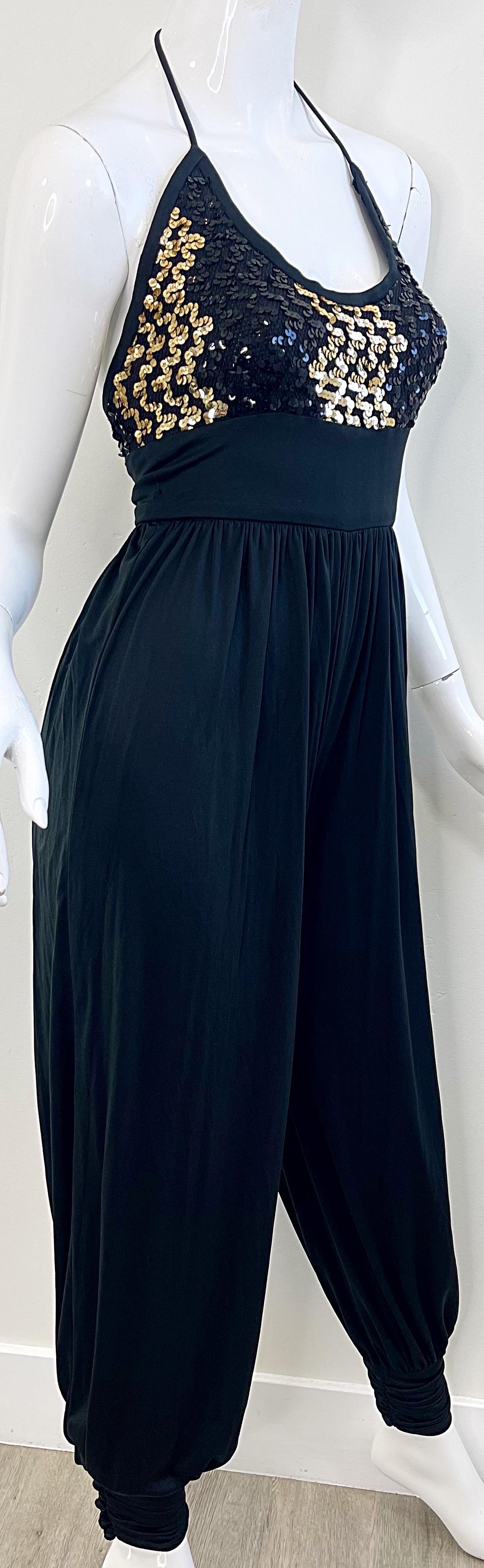 Amazing 1980s Black Gold Sequin XS / Small Vintage 80s Disco Studio 54 Jumpsuit For Sale 5