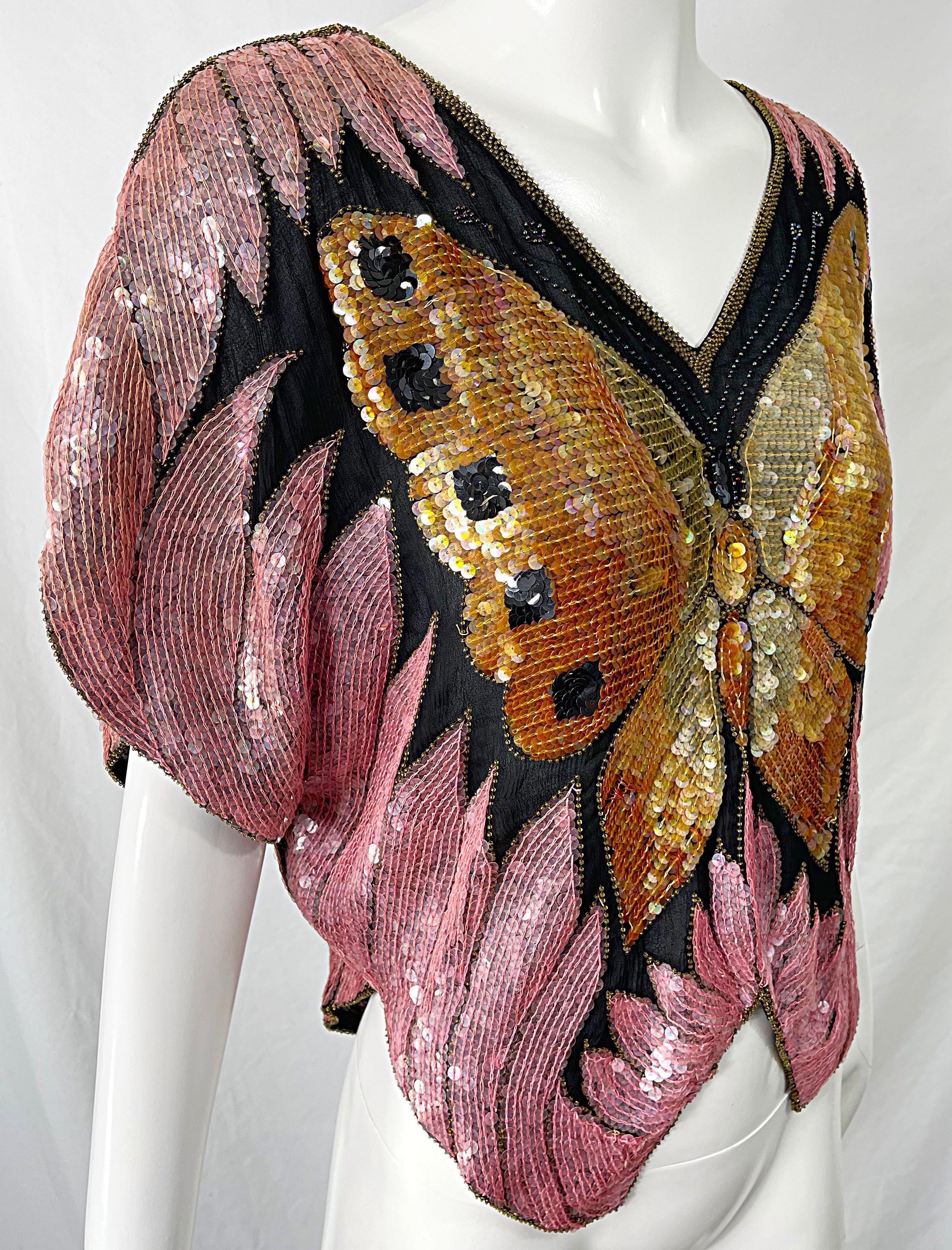 Amazing 1980s Butterfly Disco Sequin Silk Studio 54 Pink + Gold Vintage 80s Top 4