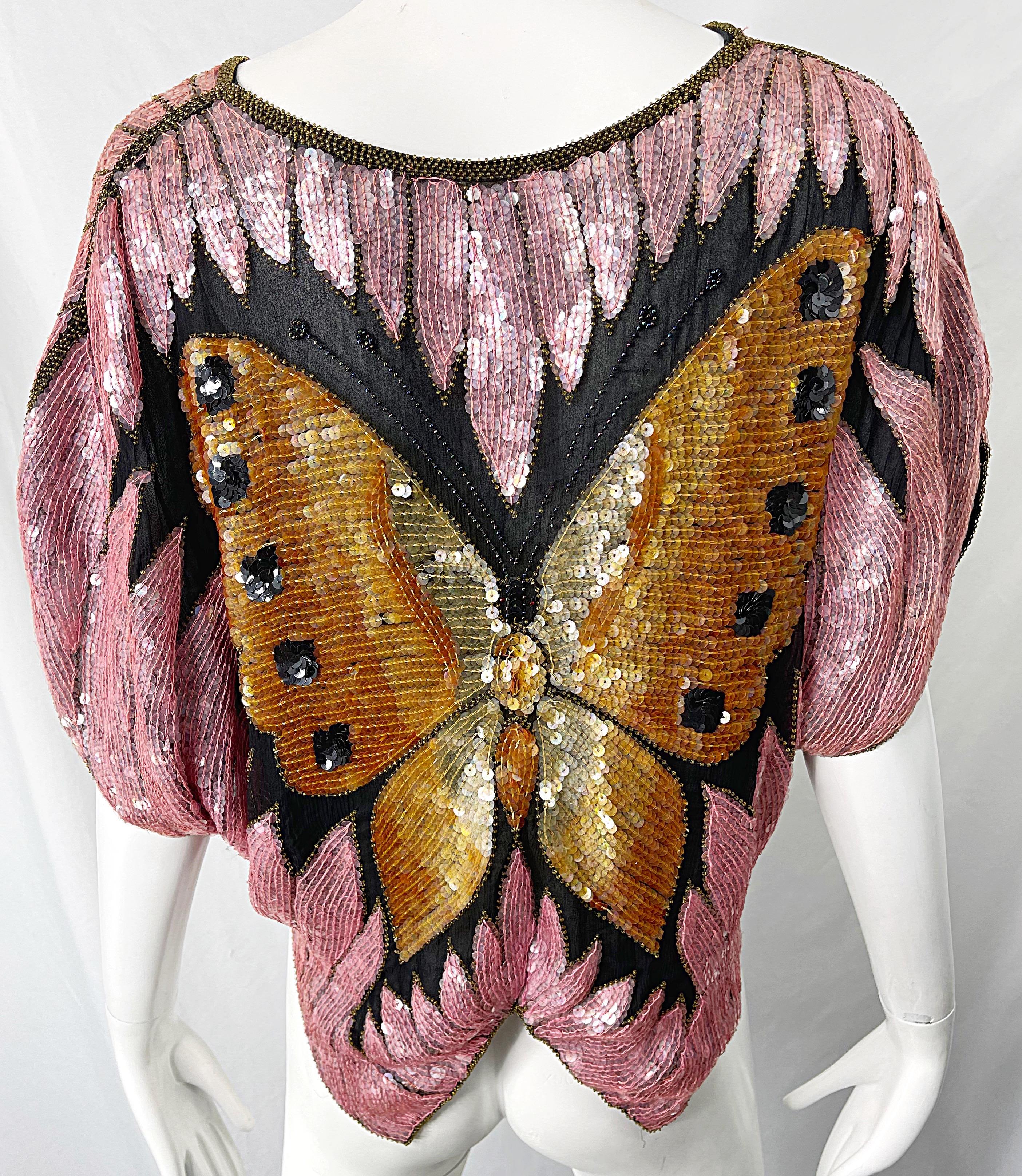Amazing 1980s Butterfly Disco Sequin Silk Studio 54 Pink + Gold Vintage 80s Top 5