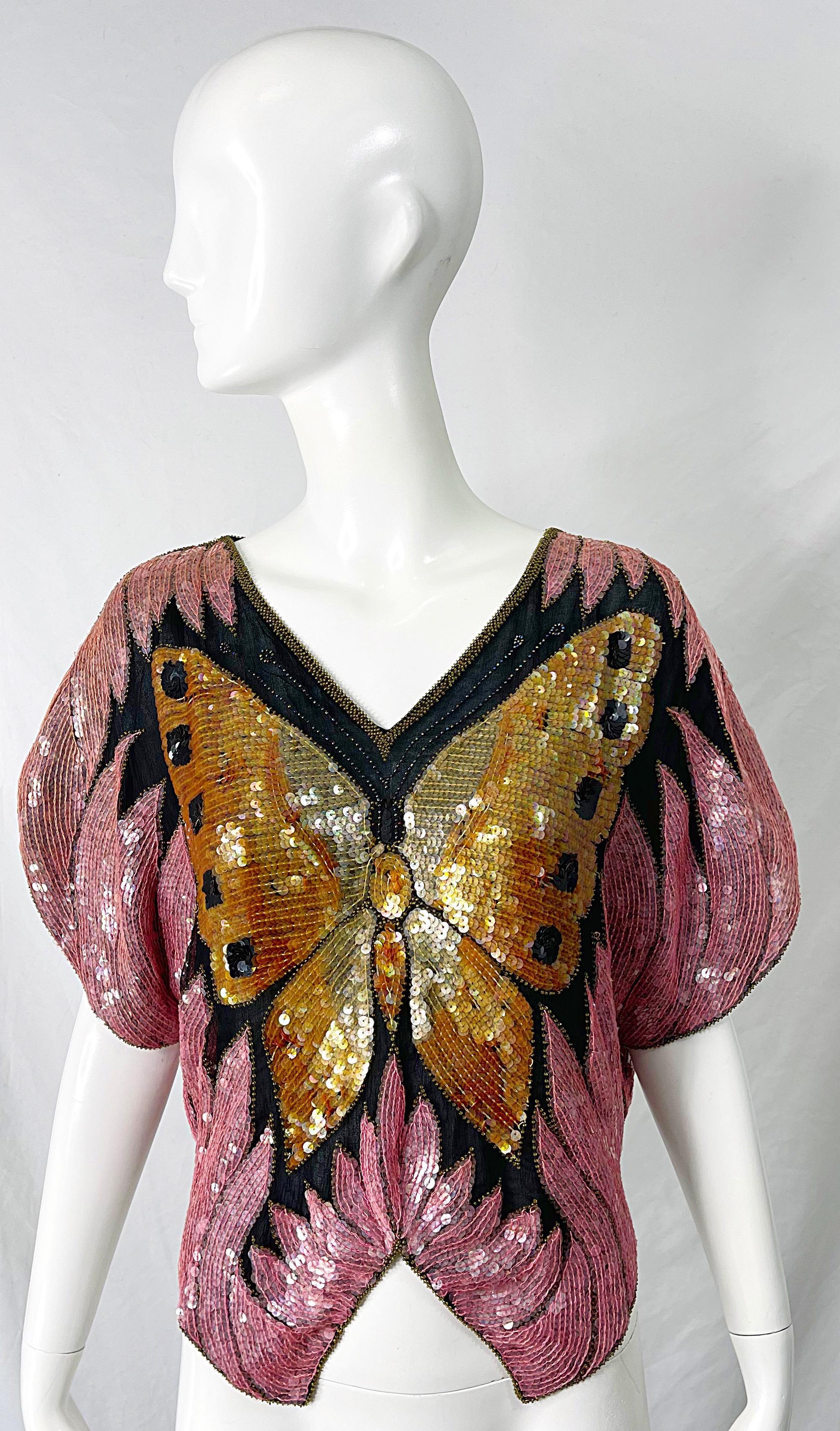 Amazing 1980s Butterfly Disco Sequin Silk Studio 54 Pink + Gold Vintage 80s Top 6