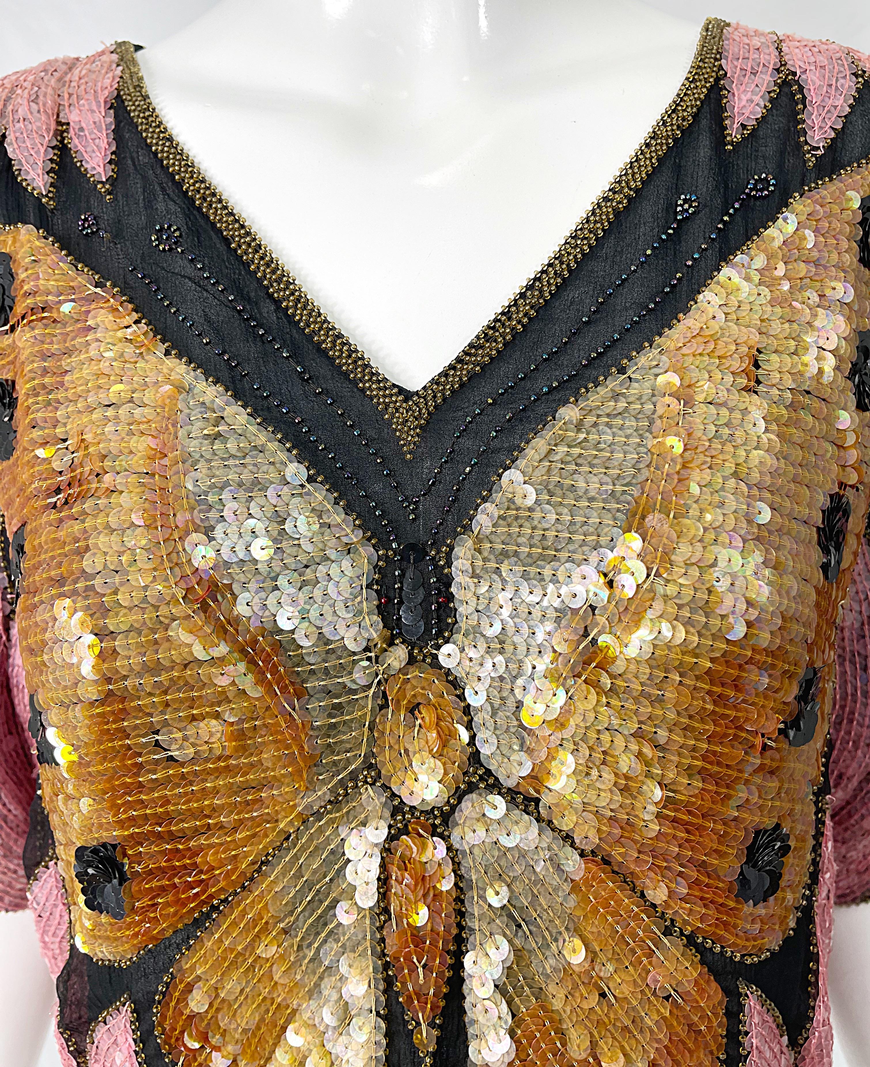 Brown Amazing 1980s Butterfly Disco Sequin Silk Studio 54 Pink + Gold Vintage 80s Top