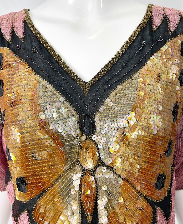 Amazing 1980s Butterfly Disco Sequin Silk Studio 54 Pink + Gold Vintage ...