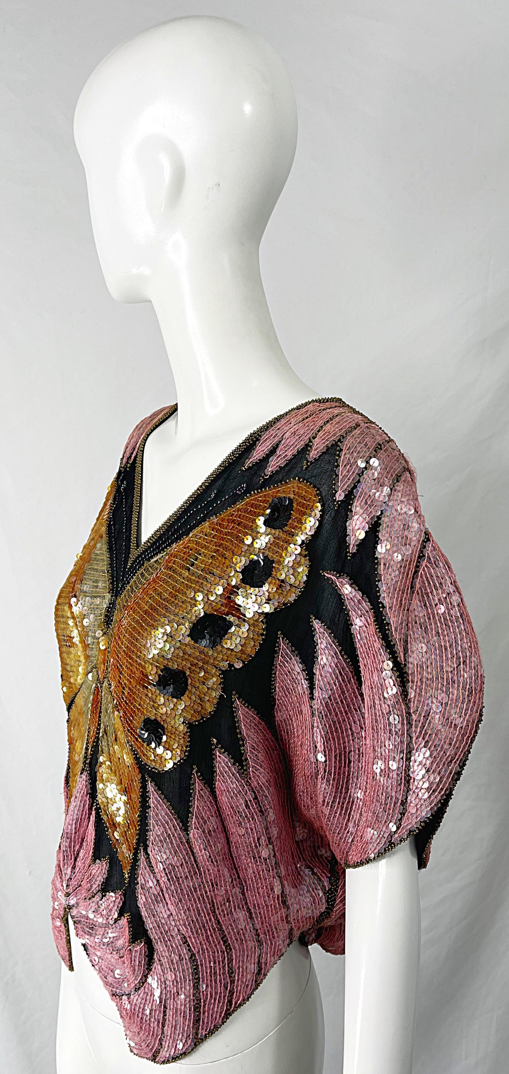 Amazing 1980s Butterfly Disco Sequin Silk Studio 54 Pink + Gold Vintage 80s Top In Excellent Condition In San Diego, CA
