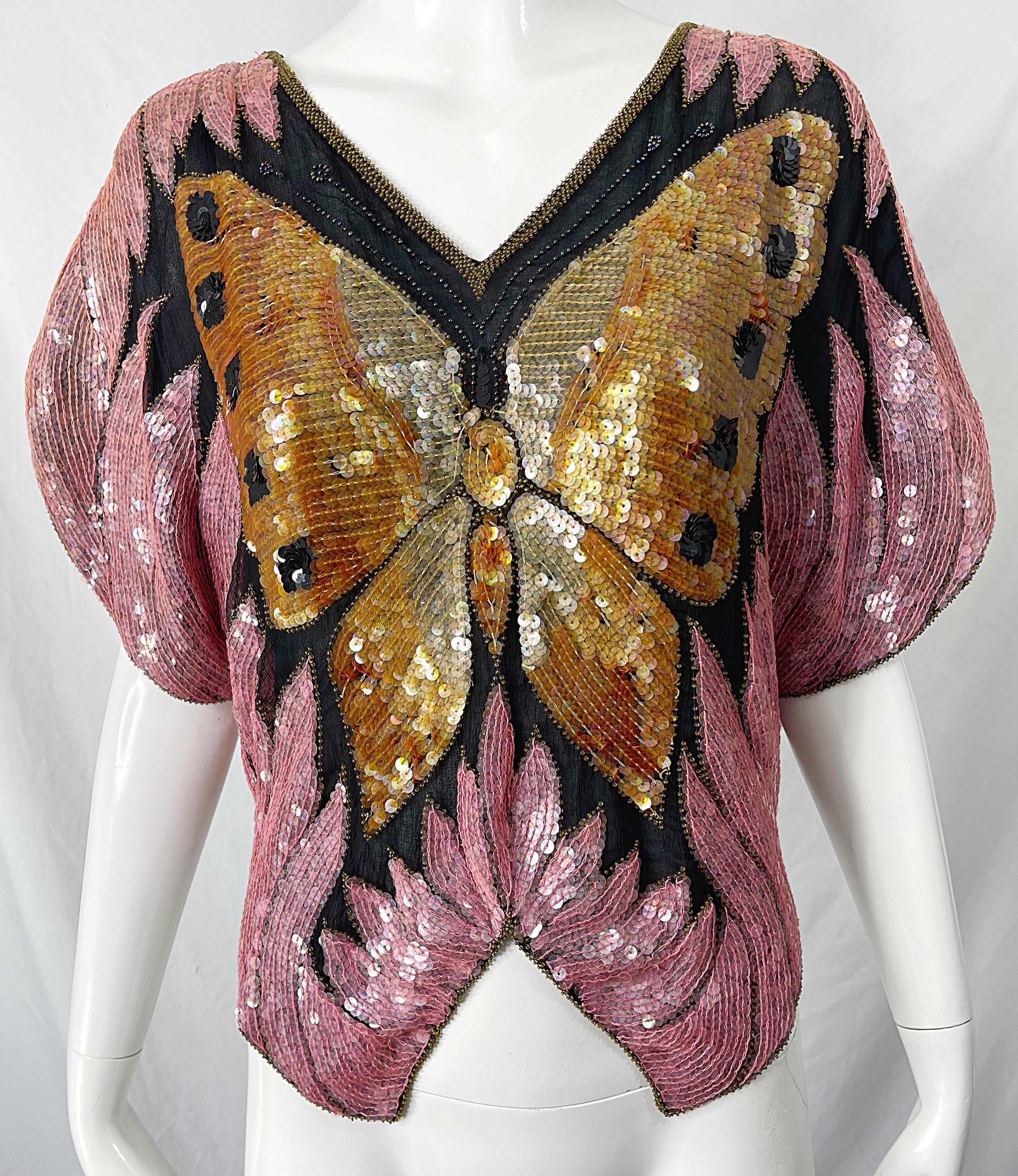 Women's Amazing 1980s Butterfly Disco Sequin Silk Studio 54 Pink + Gold Vintage 80s Top