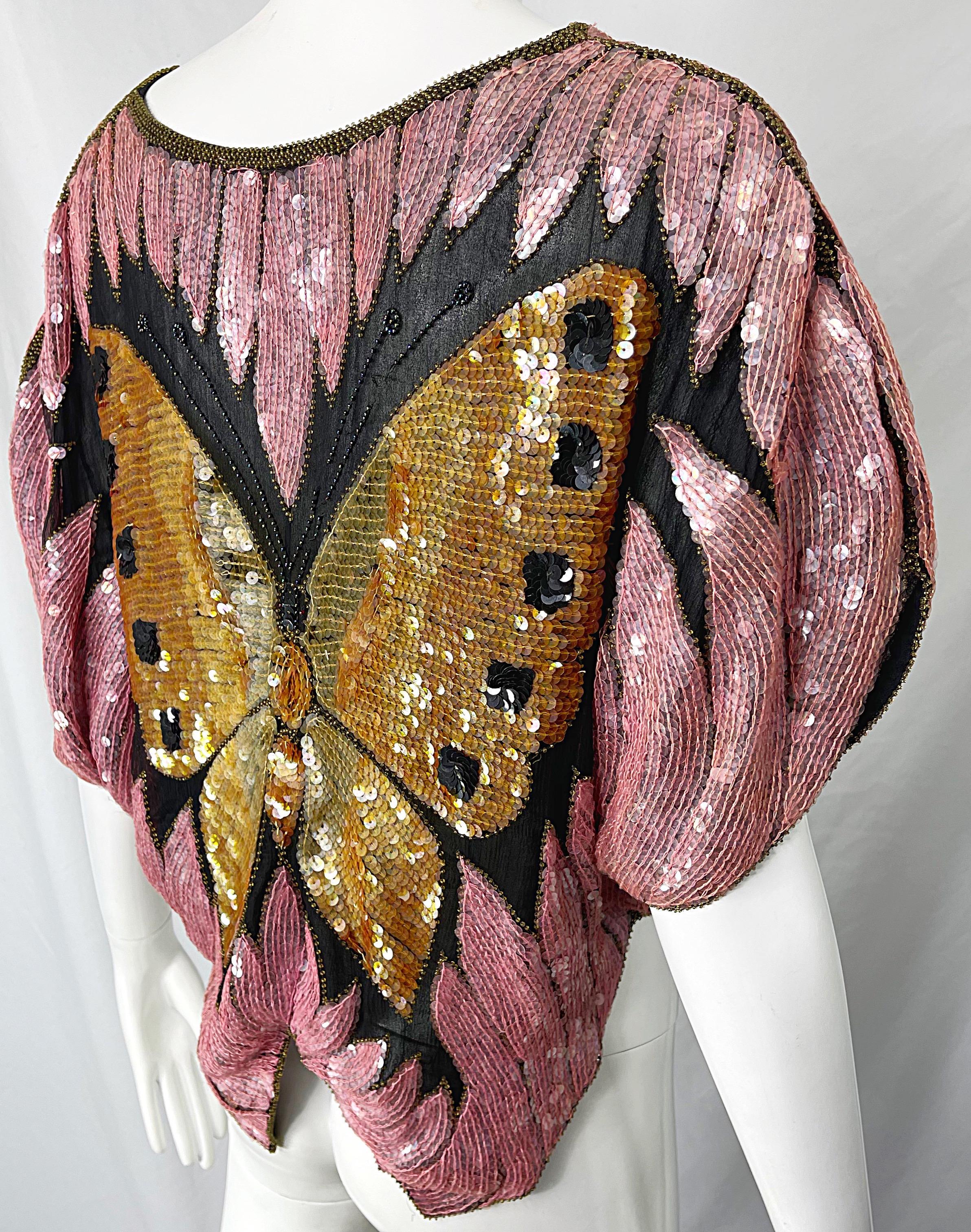 Amazing 1980s Butterfly Disco Sequin Silk Studio 54 Pink + Gold Vintage 80s Top 1