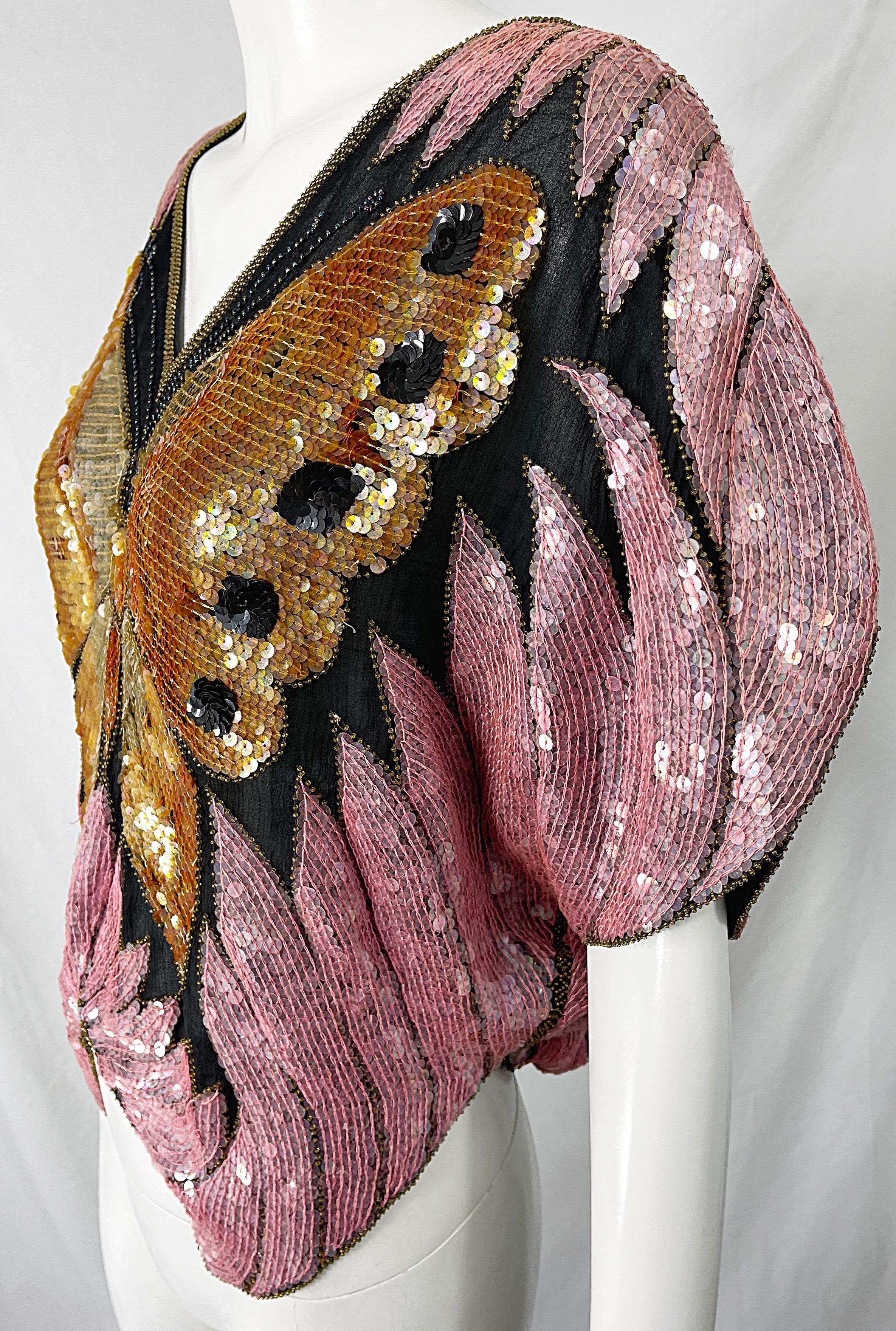 Amazing 1980s Butterfly Disco Sequin Silk Studio 54 Pink + Gold Vintage 80s Top 2