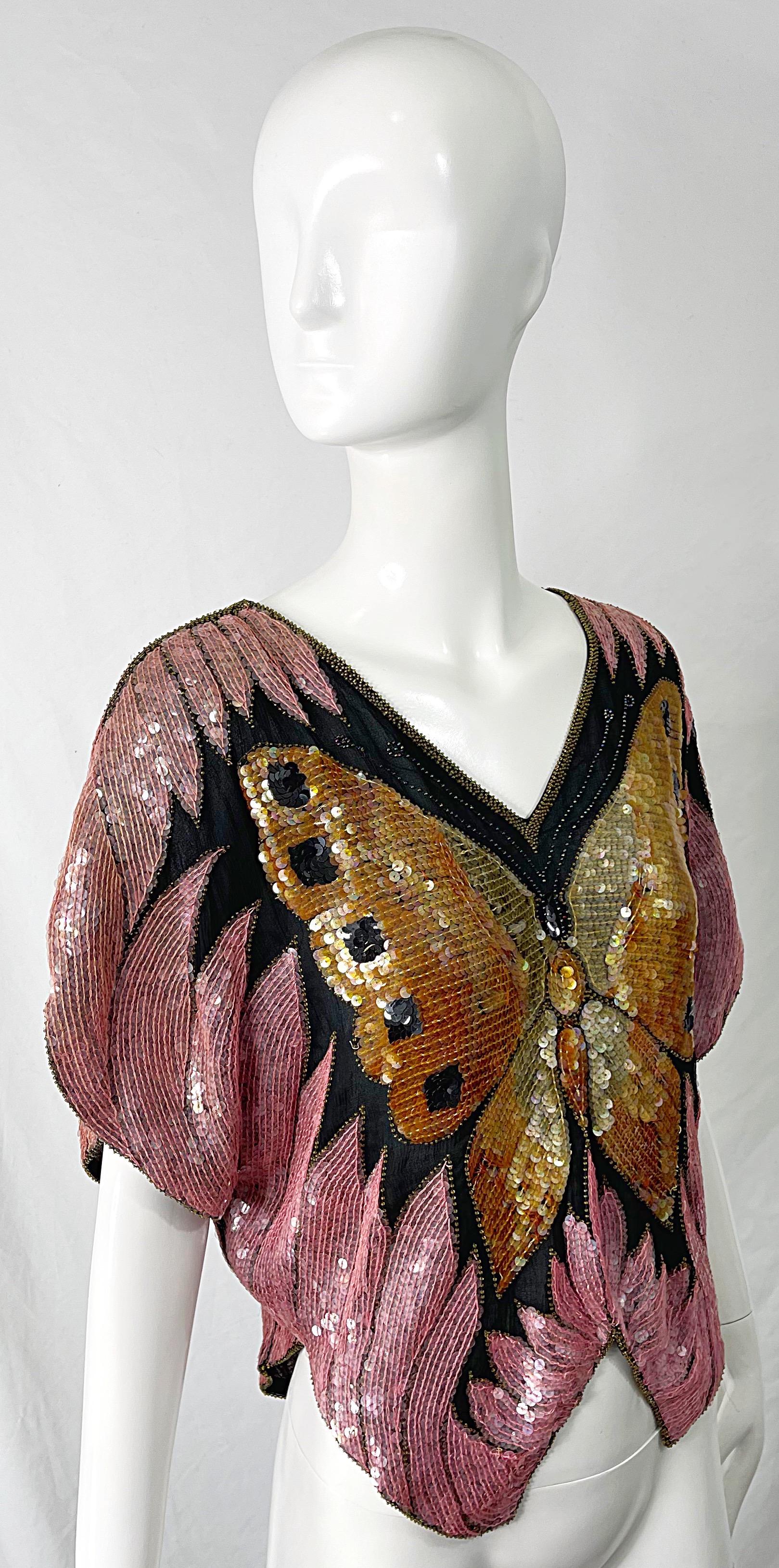 Amazing 1980s Butterfly Disco Sequin Silk Studio 54 Pink + Gold Vintage 80s Top 3