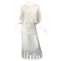 Amazing 1980s Ivory Fringed Sequin Beaded Flapper Vintage 80s Blouse and Skirt