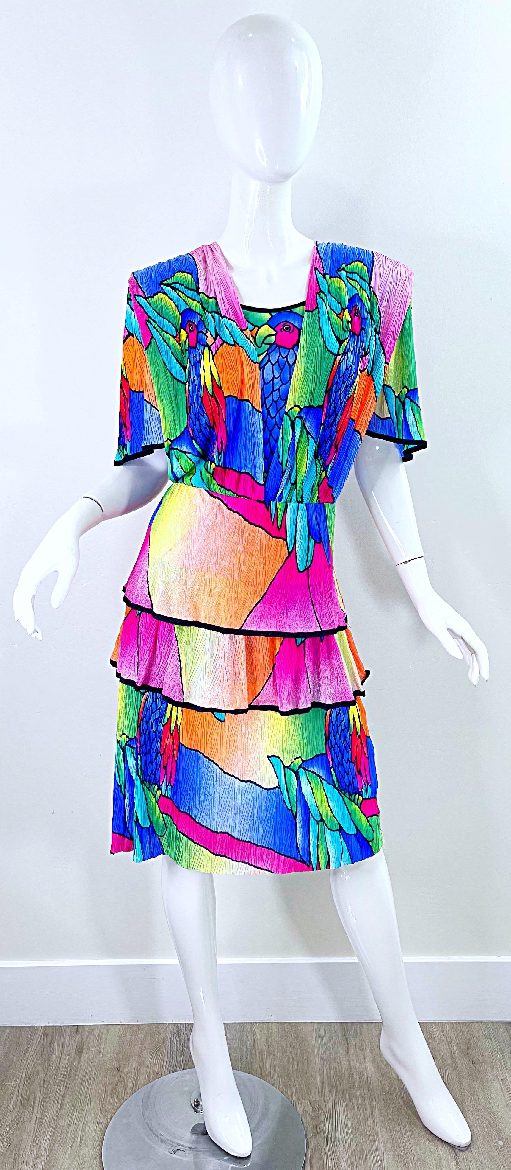 Amazing 1980s Puszta Novelty Parrot Print Margaritaville Vintage 80s Dress For Sale 8