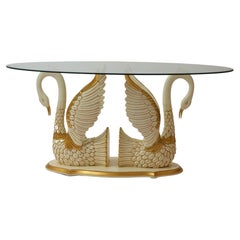 Amazing 1980s showstopping swan dining table with heavy faceted glass table top