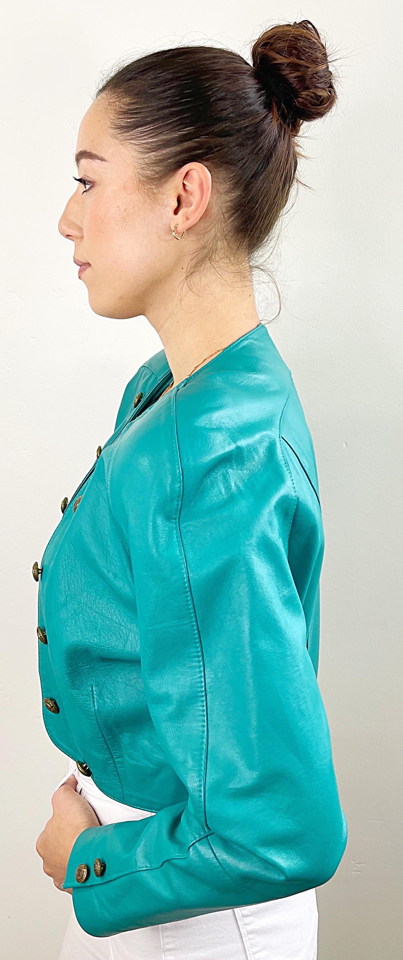 Women's Amazing 1980s Teal Turquoise Leather Vintage 80s Cropped Bolero Jacket Medium For Sale