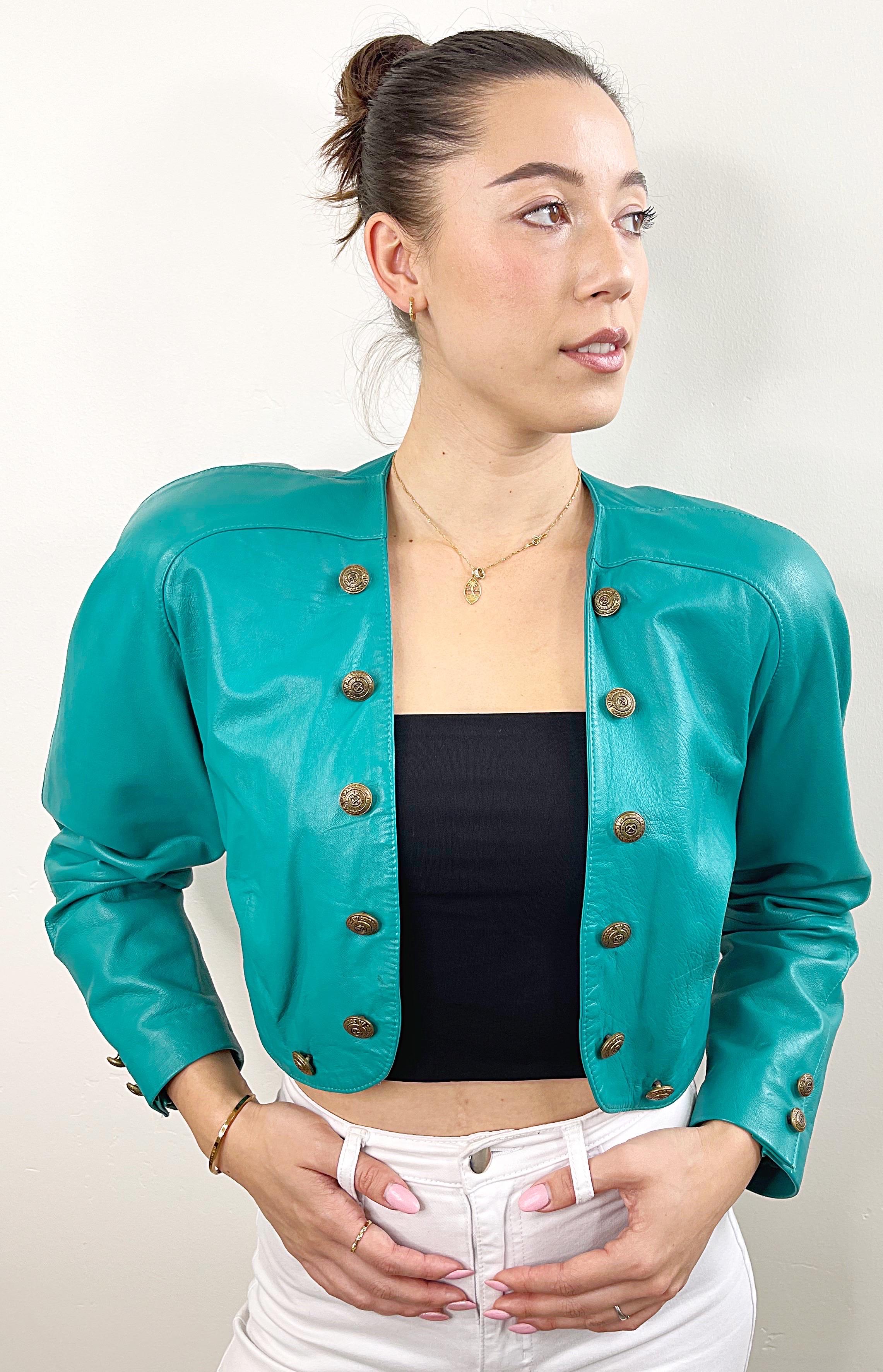 Amazing 1980s Teal Turquoise Leather Vintage 80s Cropped Bolero Jacket Medium For Sale 4