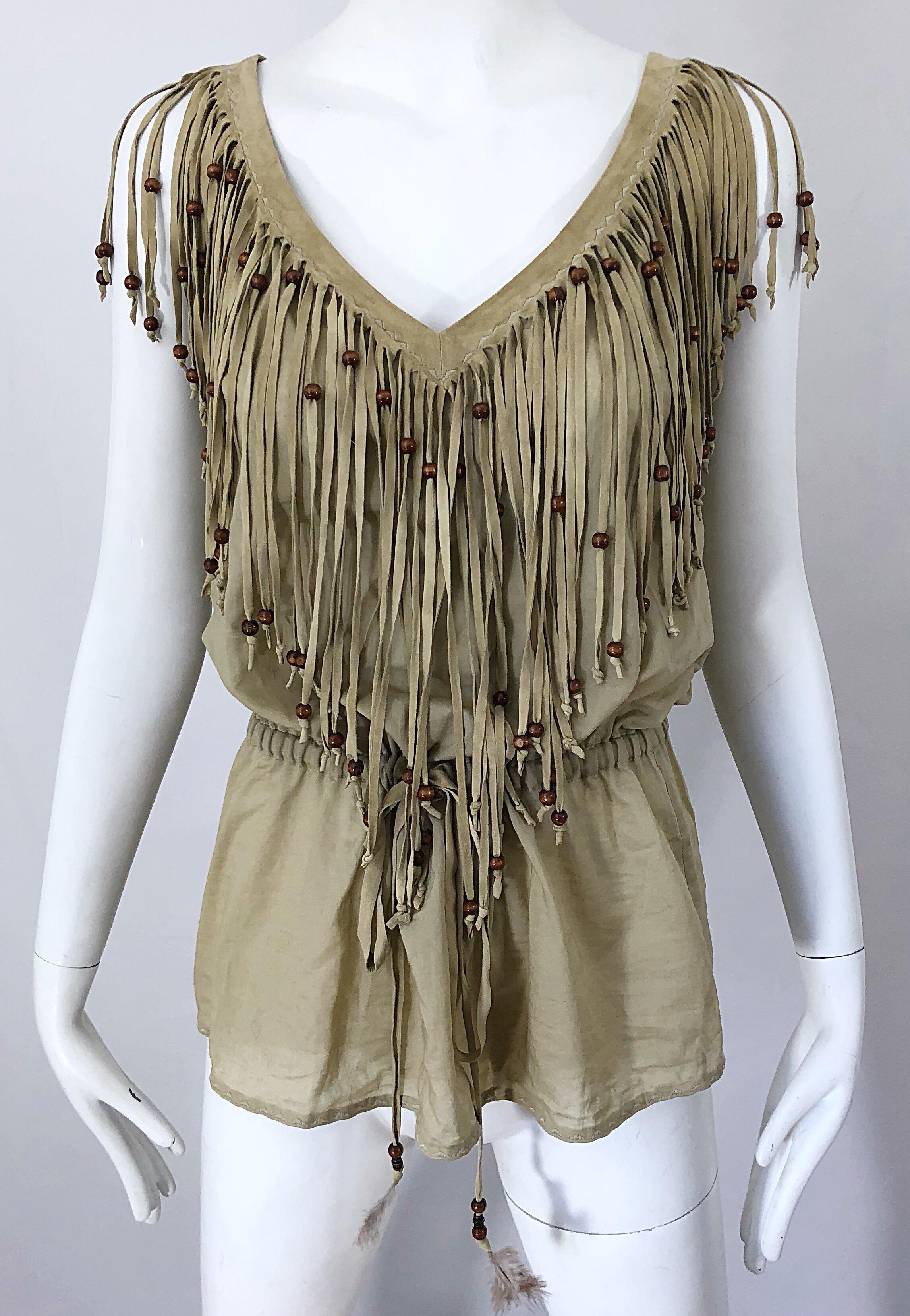 1990s Dolce & Gabbana Khaki / Brown Cotton and Suede Feathers Beaded Boho Blouse For Sale 6