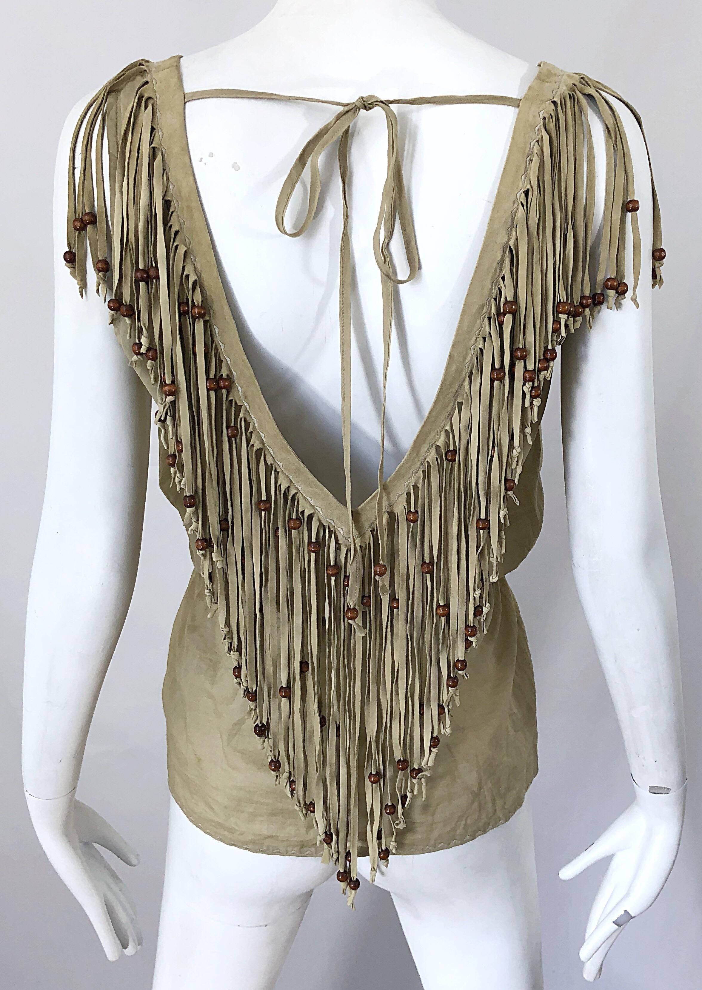 1990s Dolce & Gabbana Khaki / Brown Cotton and Suede Feathers Beaded Boho Blouse For Sale 7