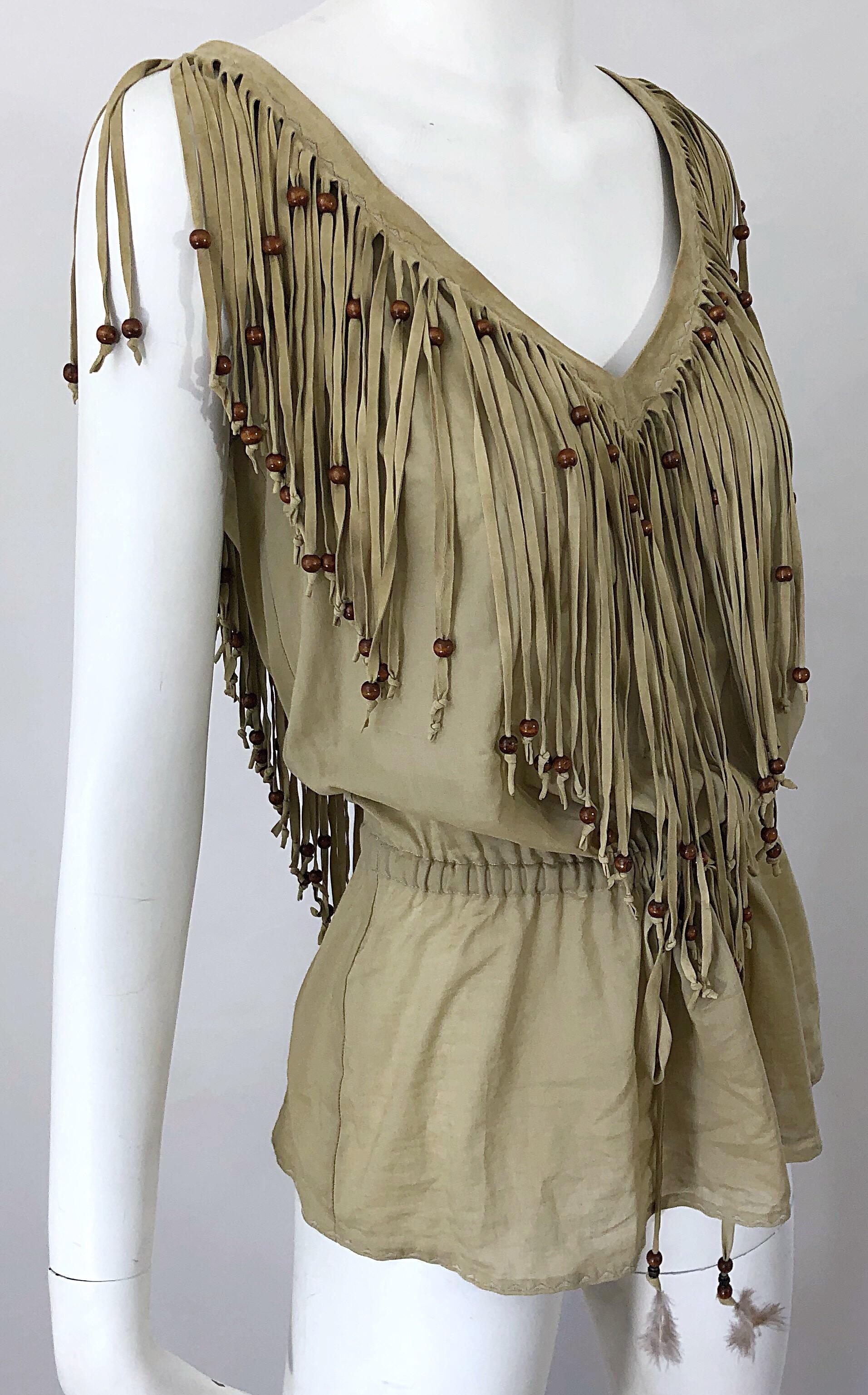 1990s Dolce & Gabbana Khaki / Brown Cotton and Suede Feathers Beaded Boho Blouse For Sale 8