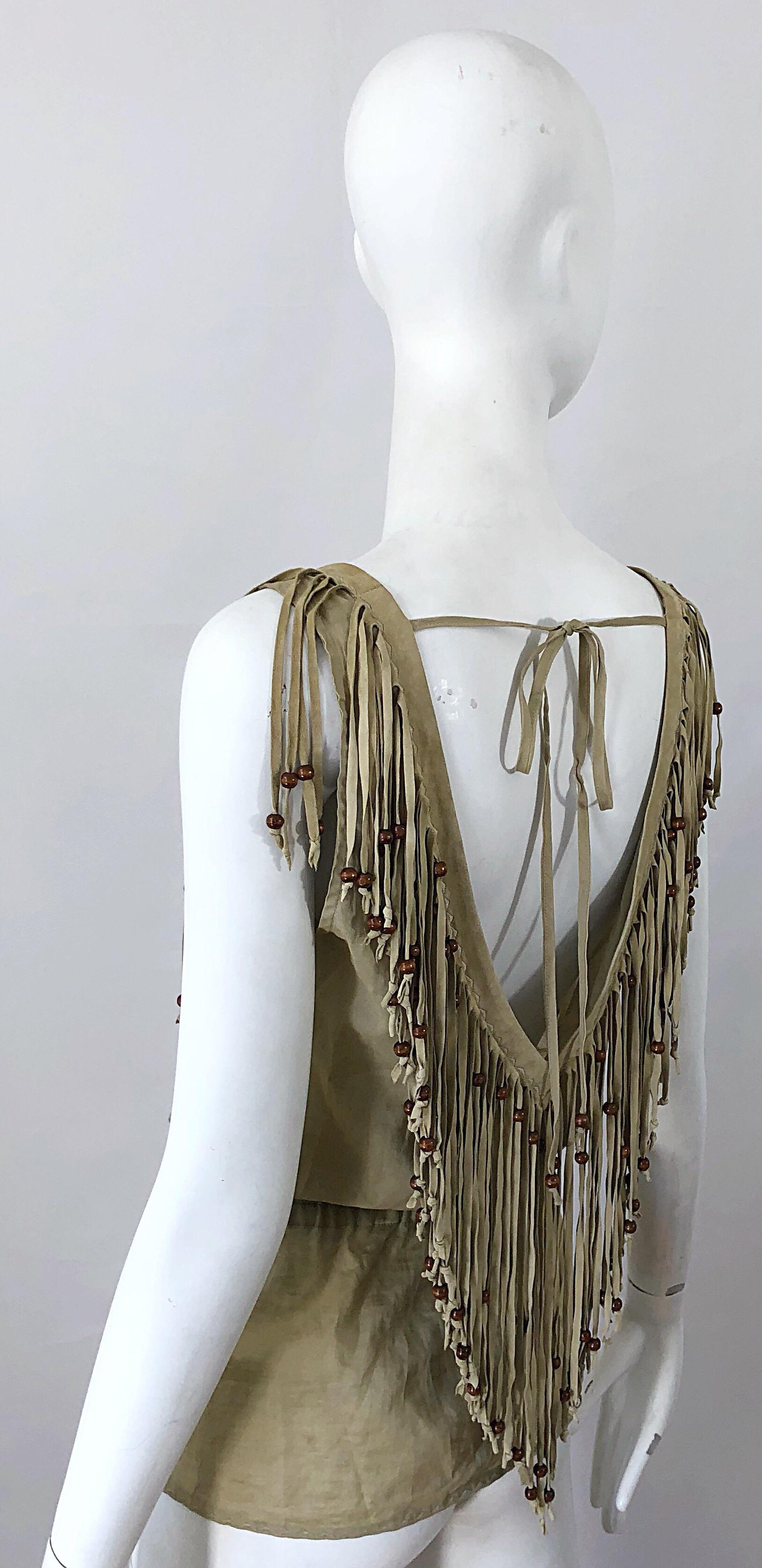 1990s Dolce & Gabbana Khaki / Brown Cotton and Suede Feathers Beaded Boho Blouse For Sale 9