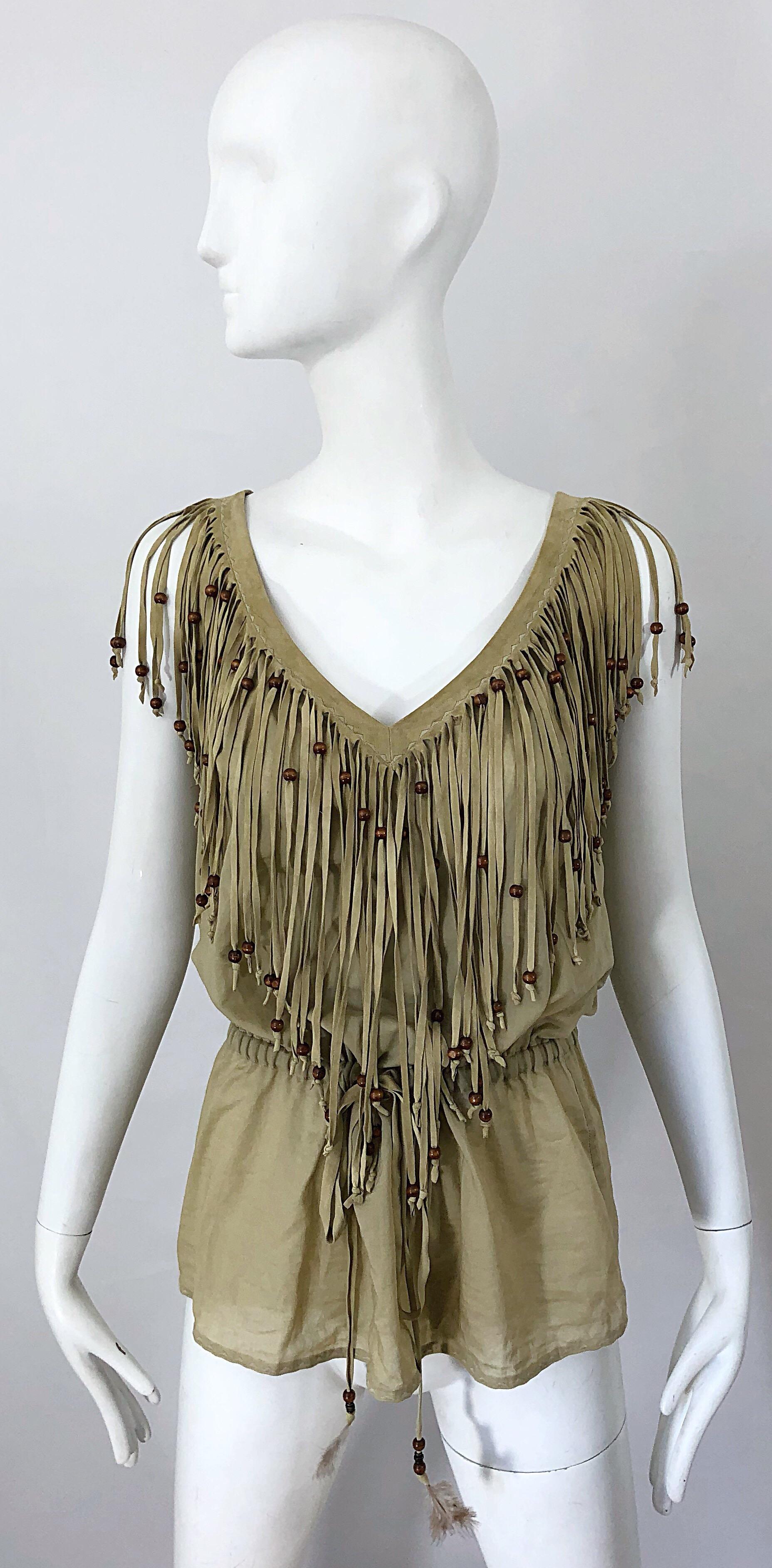 1990s Dolce & Gabbana Khaki / Brown Cotton and Suede Feathers Beaded Boho Blouse For Sale 10